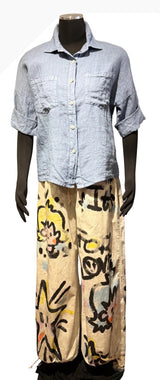 Terra T2627IV IVORY One Size 100% Cotton Pull On Wide Leg Pants In Colorful Graffiti Art Pattern