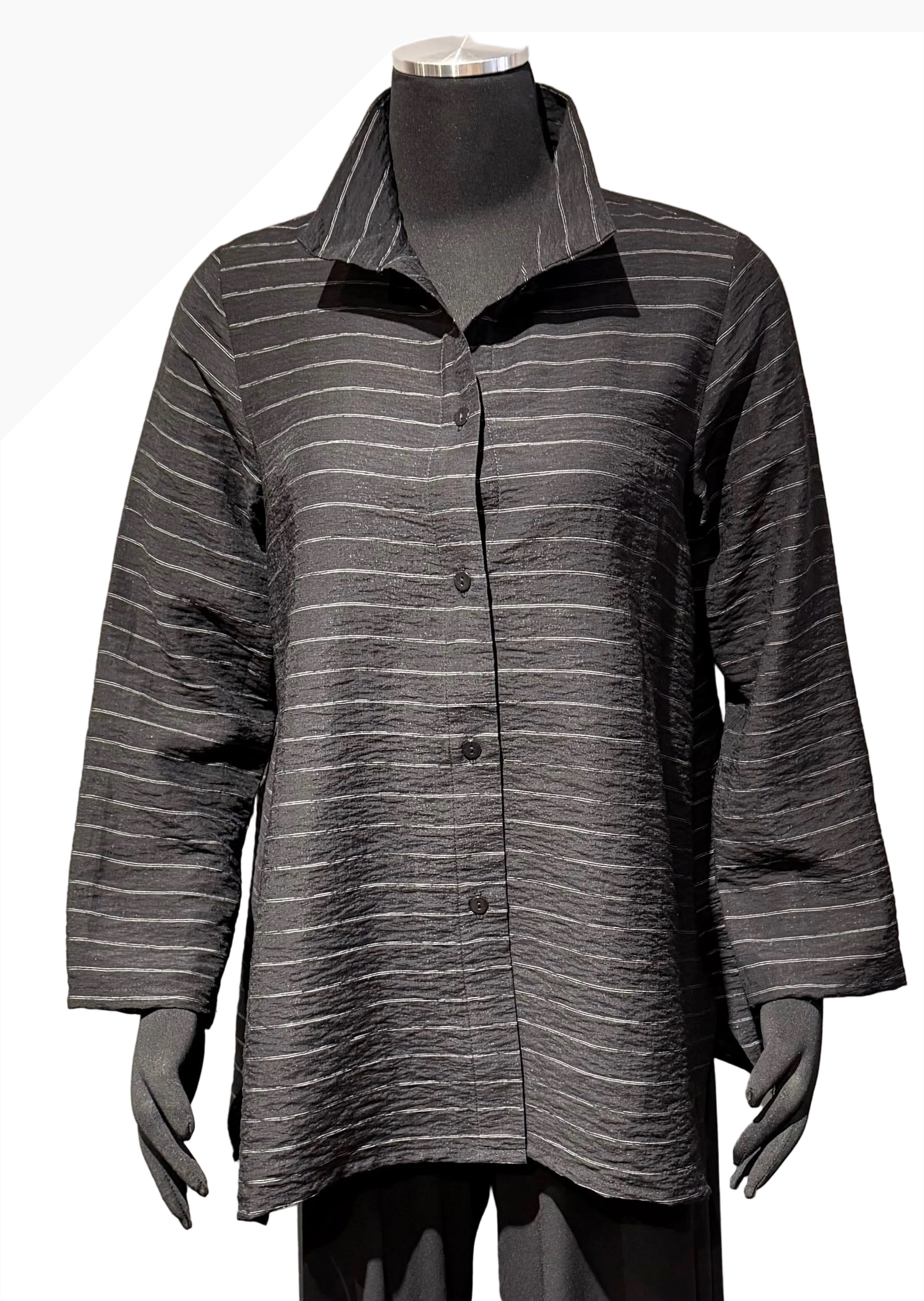 Christopher Calvin 4700BW Black and White Pinstripe Button Front Swing Tunic