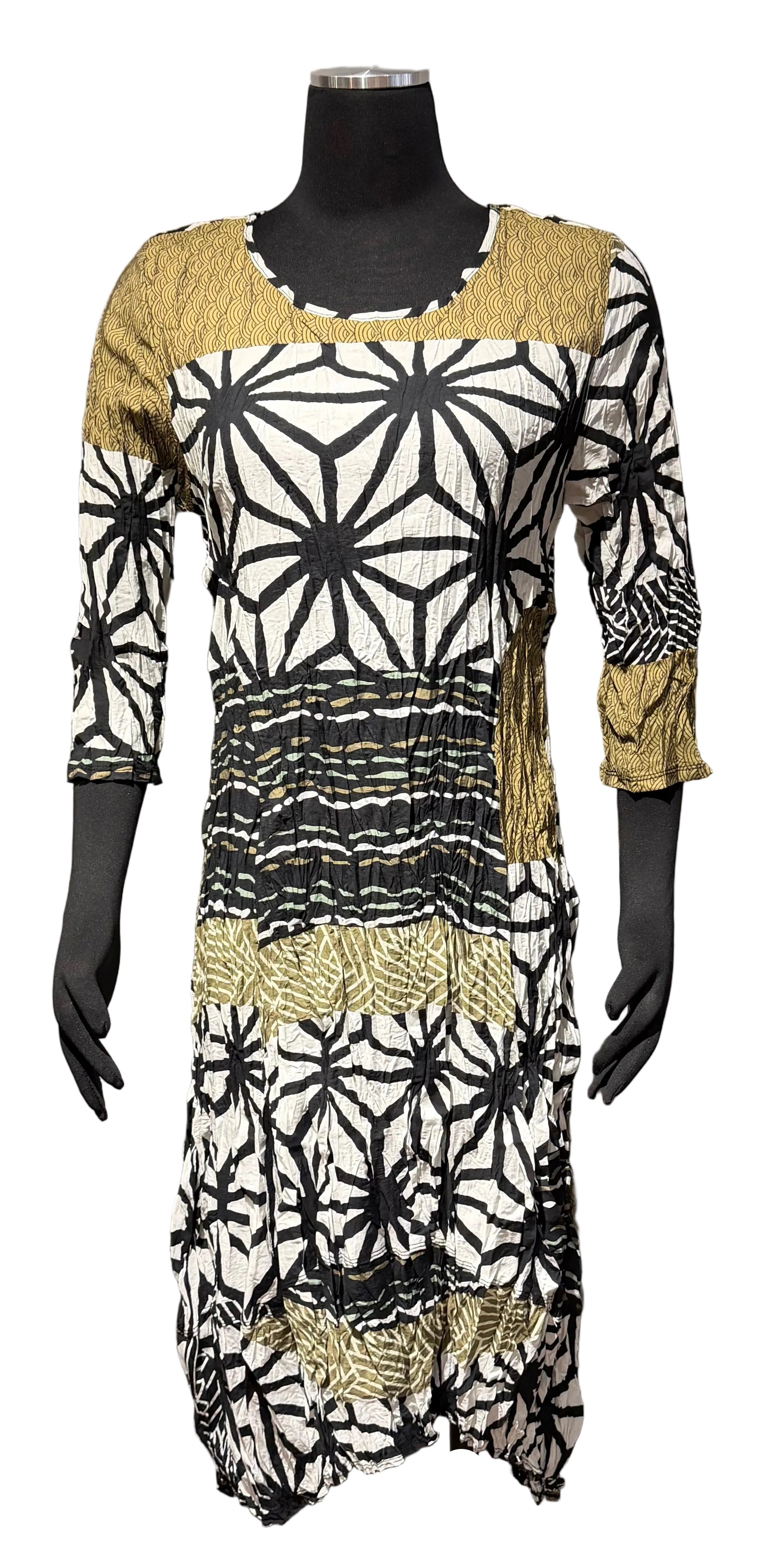 Shana 26337BKG Black and White Print Crinkle Dress With Sage Panels