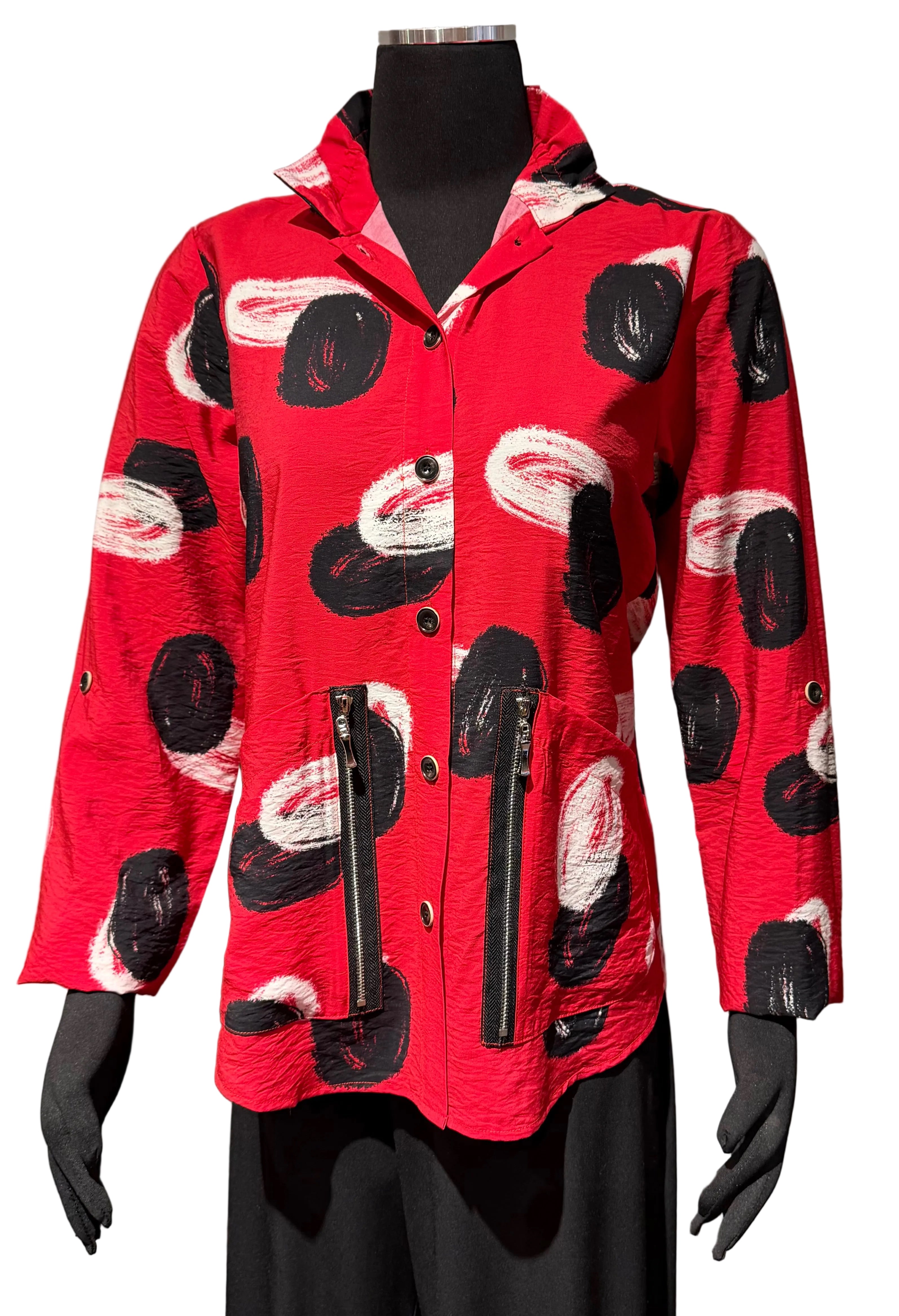 Shana 26309RD Red Button Front Tunic Top With Black and White Circles Print