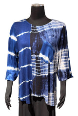 Shana 26278BU Blue Tie Dye Shibori Mix Media Pocket Top