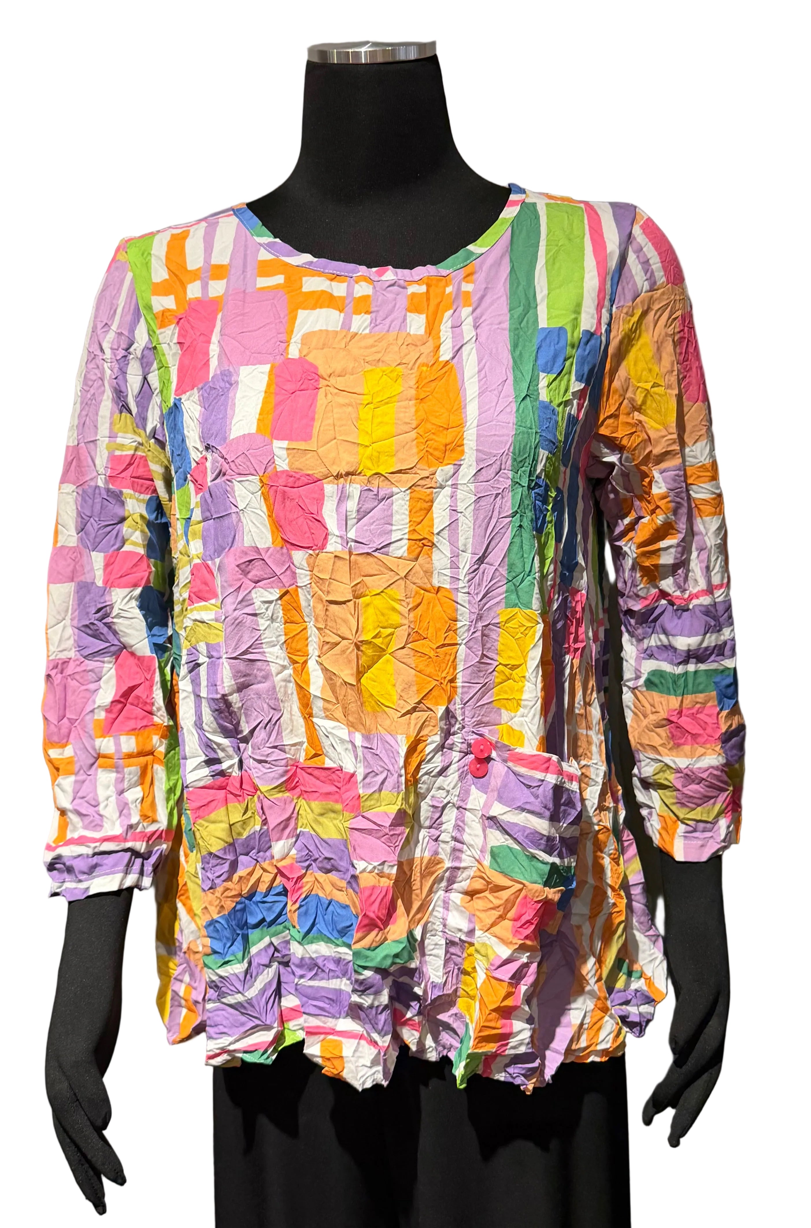 Shana 26086MU Multicolor Crew Neck 3/4 Sleeve Crinkle Top With Pocket