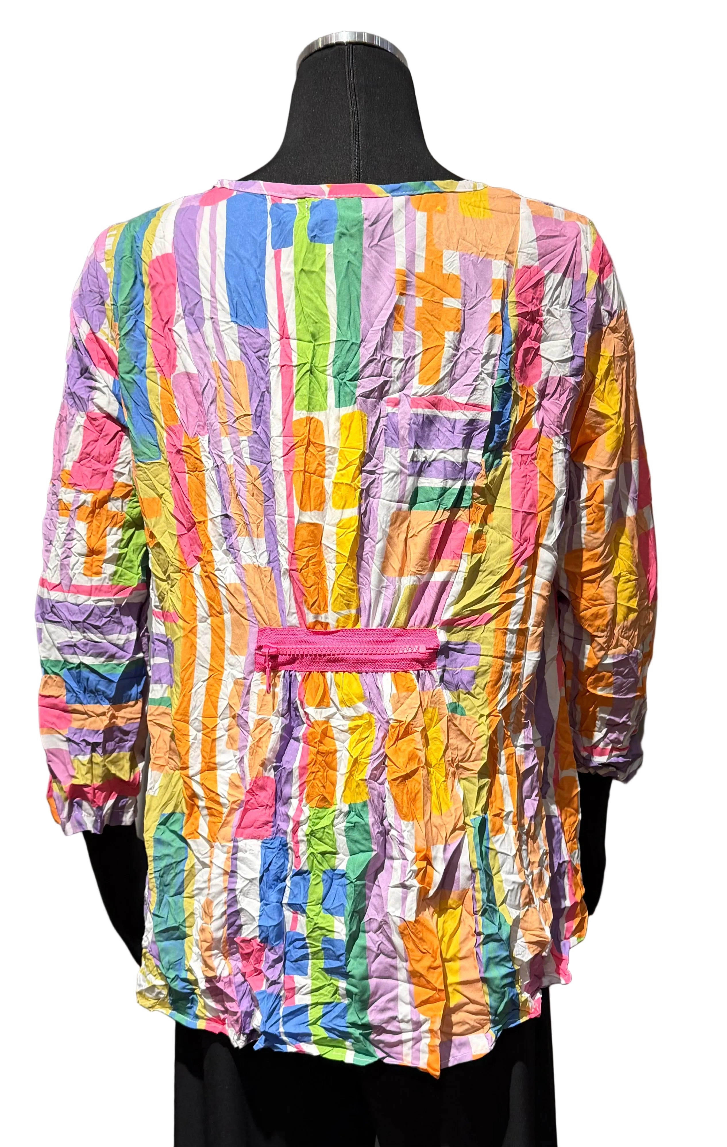 Shana 26086MU Multicolor Crew Neck 3/4 Sleeve Crinkle Top With Pocket