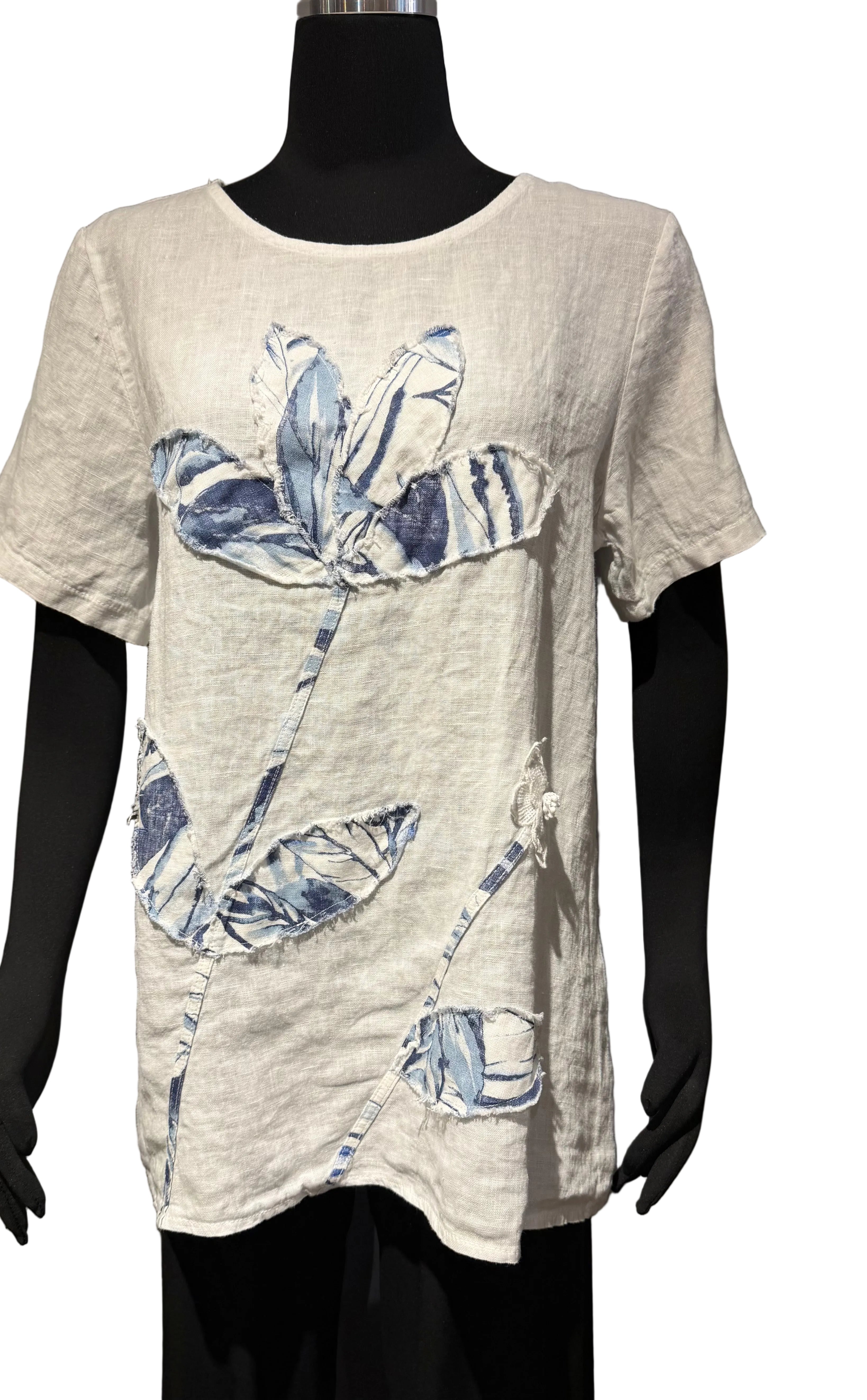 Tempo Paris 12178AWT 100% Linen White Top With Floral Appliqué