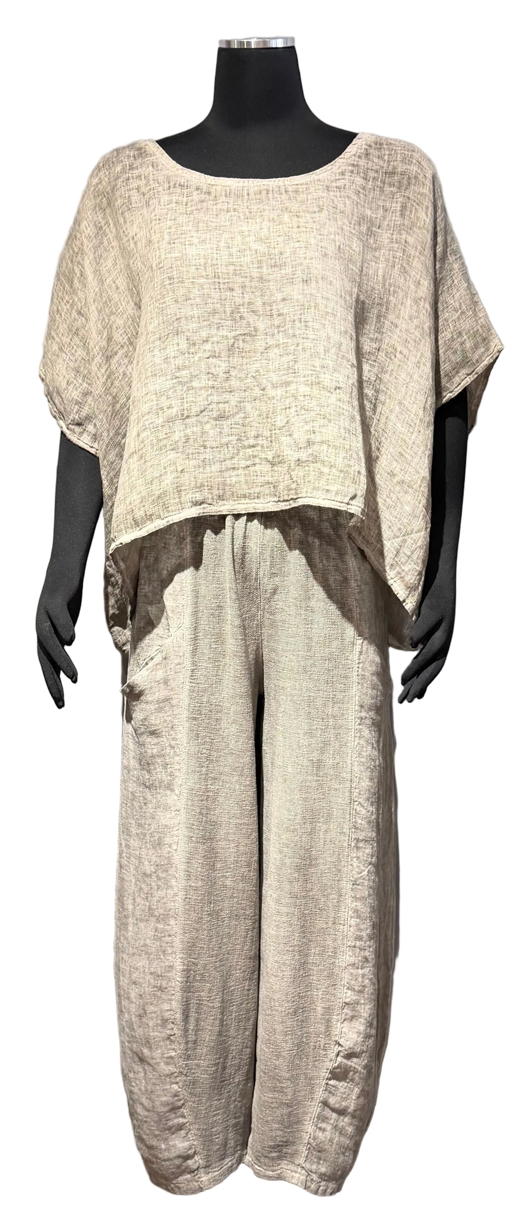 Tempo Paris 172ETP TAUPE 100% Wash Linen Pull-On Balloon Pants