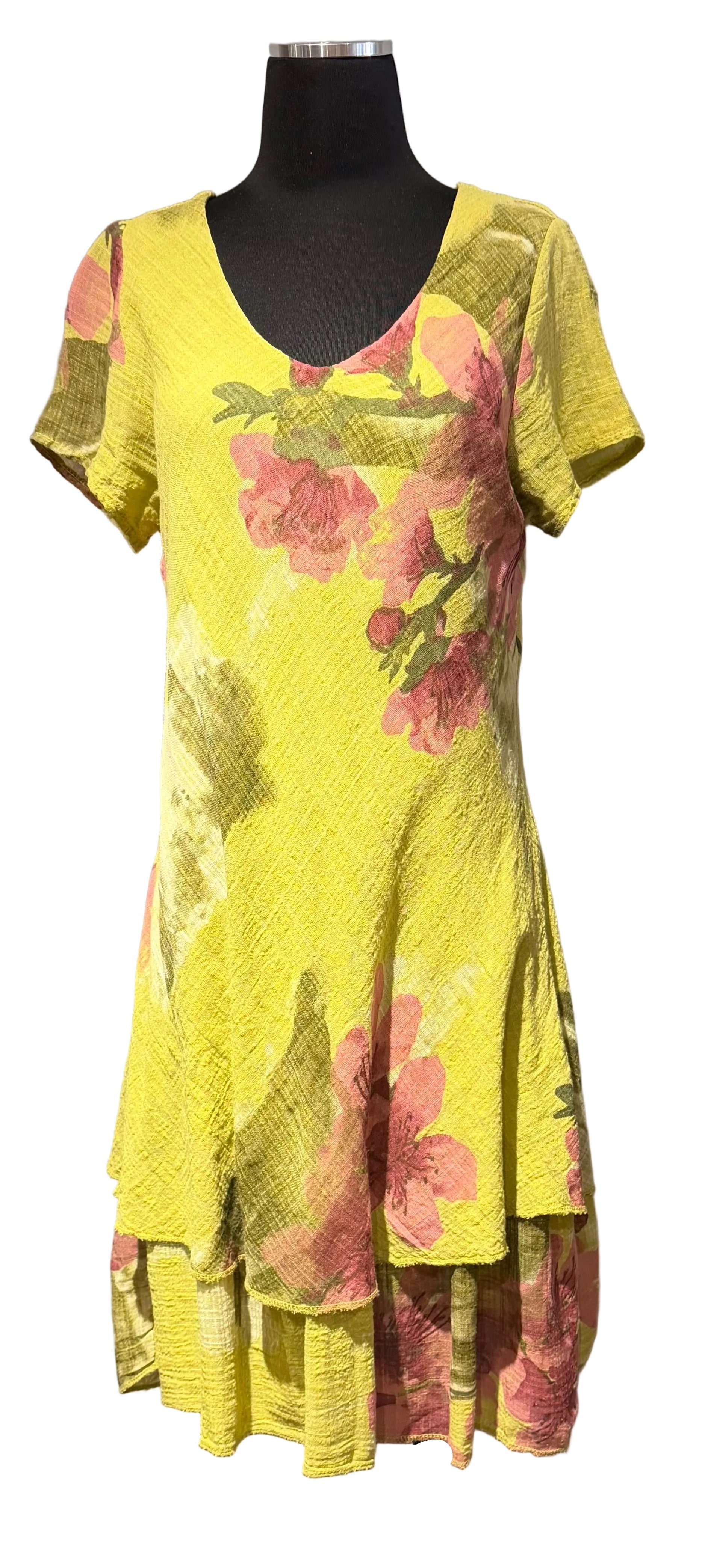 Tempo Paris 9825CLM Lime 100% Cotton V-Neck Cap Sleeve Layered Flounce Hem Dress