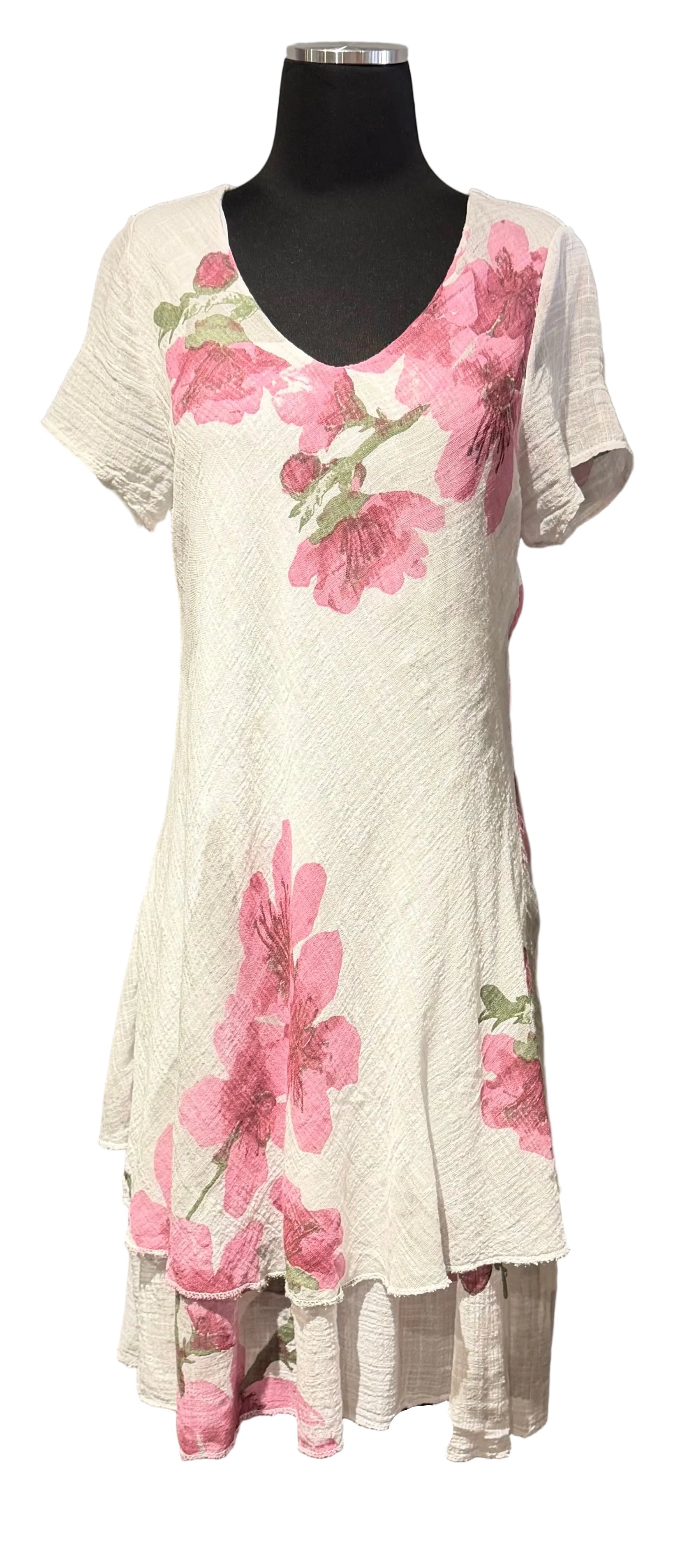 Tempo Paris 9825CWT White 100% Cotton V-Neck Cap Sleeve Layered Flounce Hem Dress