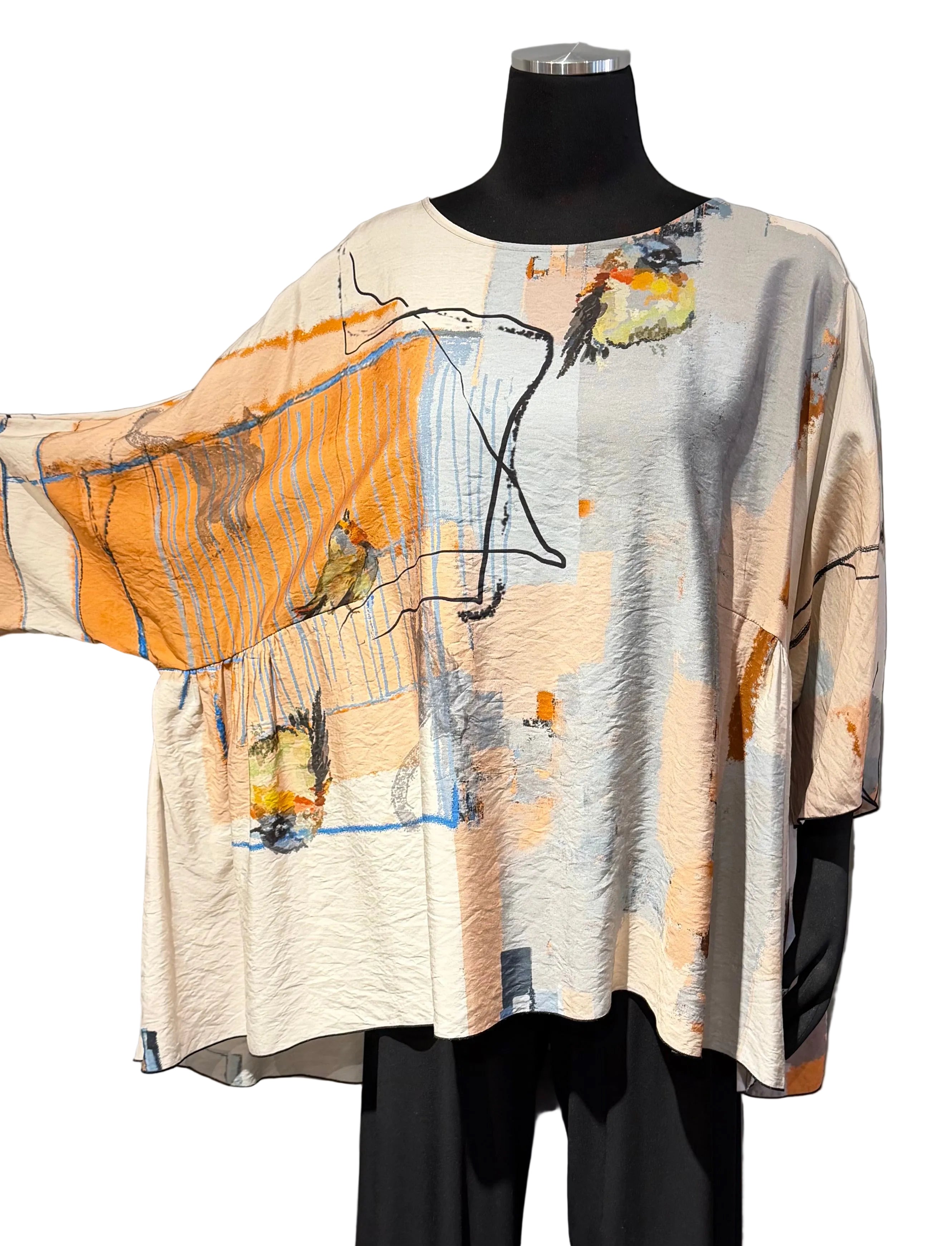 3 Potato 00252BIRDB BIRDB One Size 3/4 Sleeve Hand Painted Butterfly Top