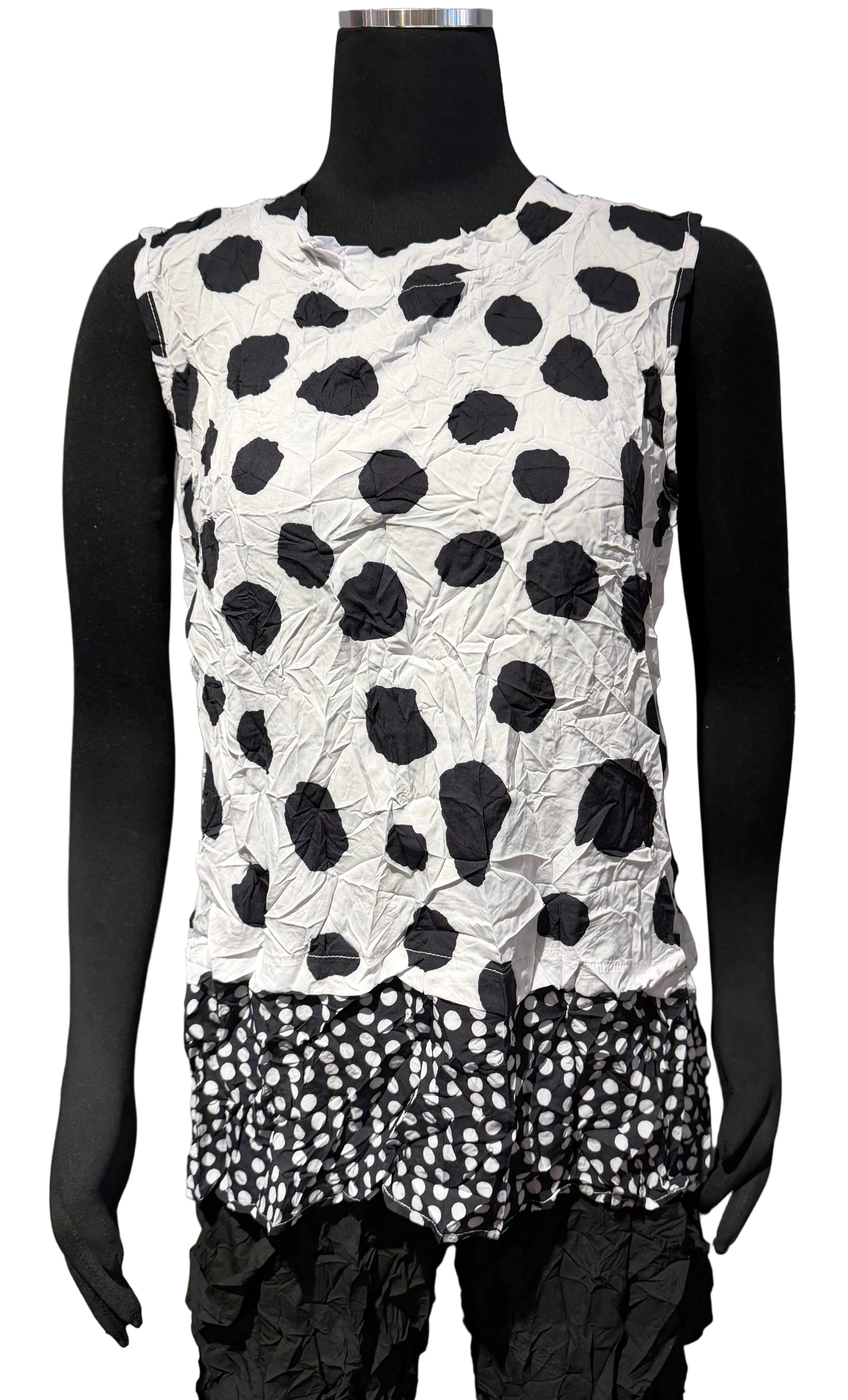 Shana 26091WT Black and White Polka Dot Crinkle Sleeveless Top