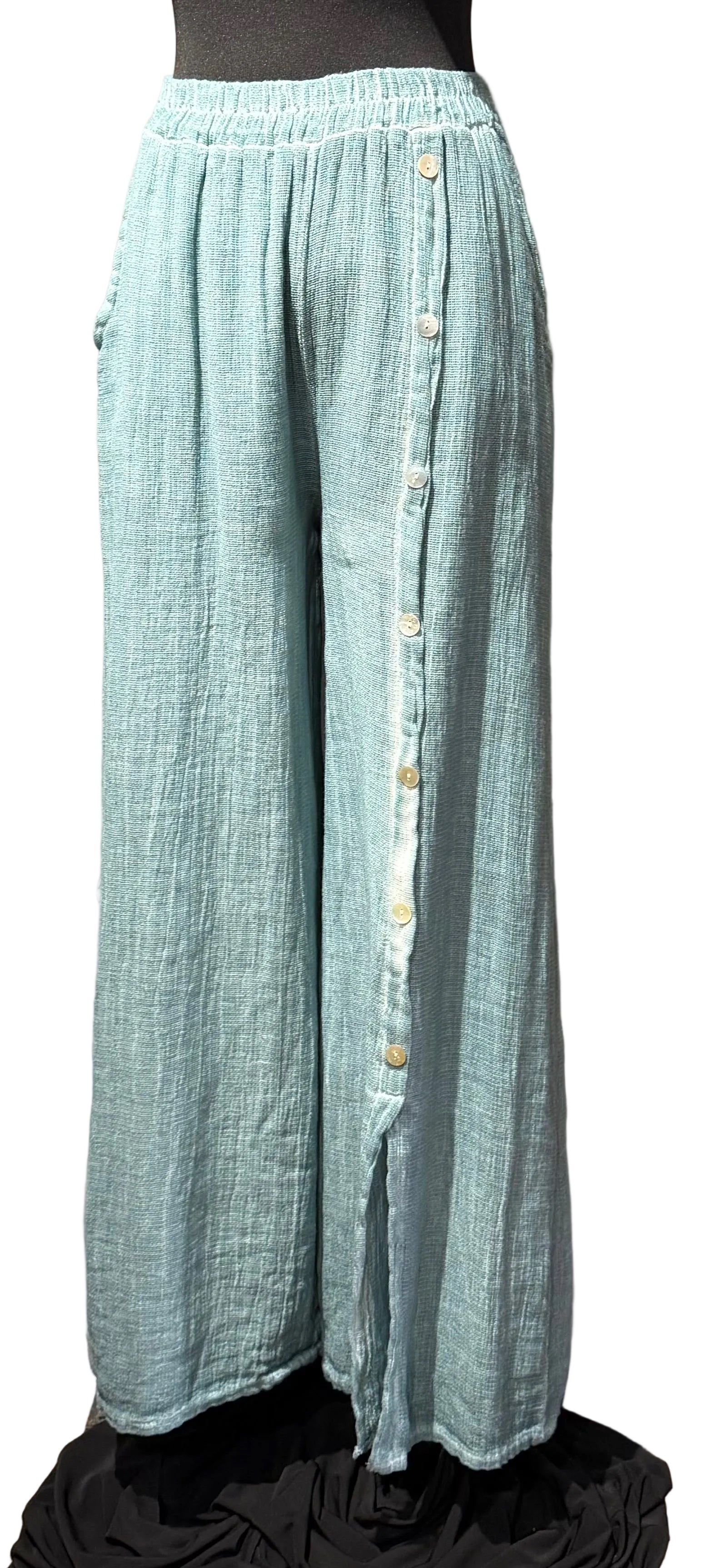Look Mode USA 13066LA LAGOON Cotton Linen Pull-On Pants With Pockets