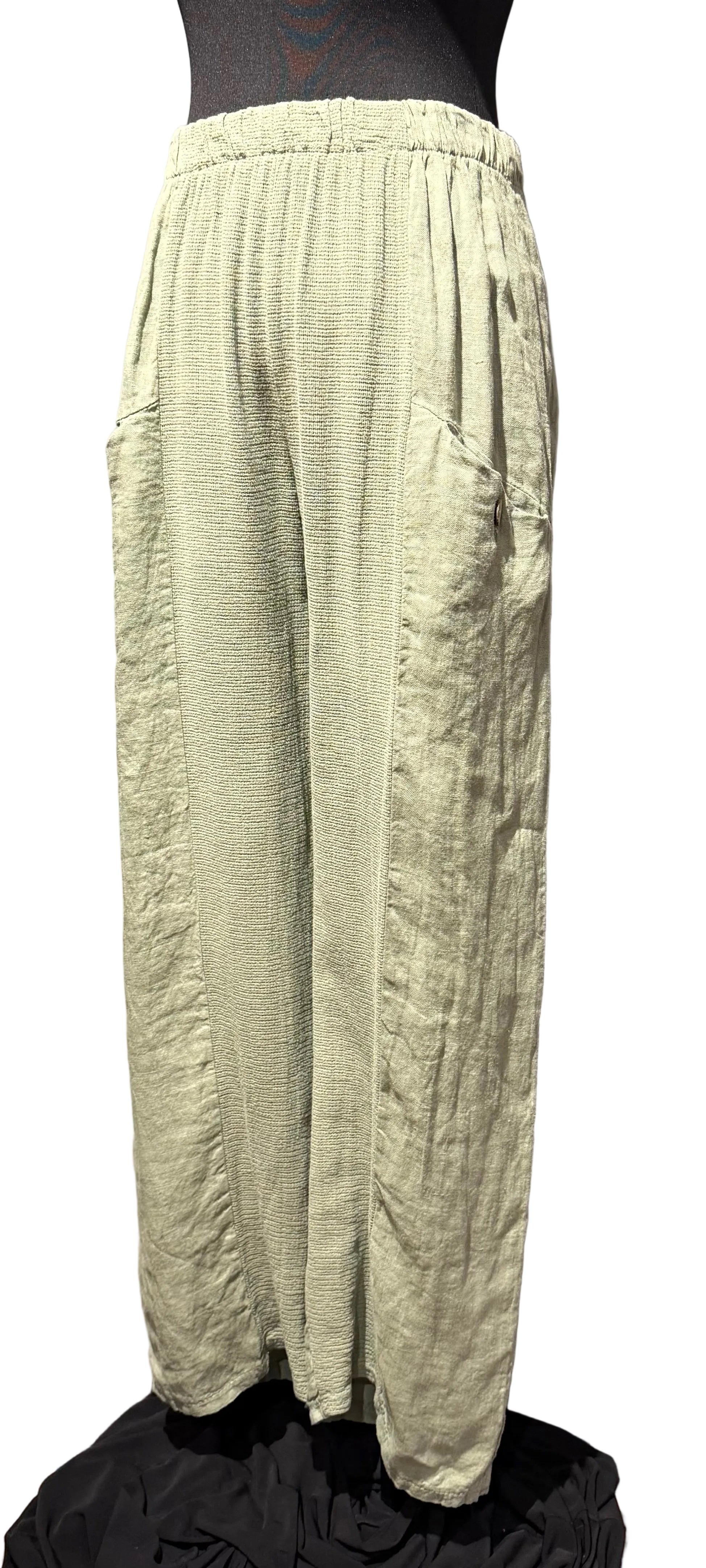 Look Mode USA 12808OV OLIVE Cotton Linen Pull-On Pants With Pockets
