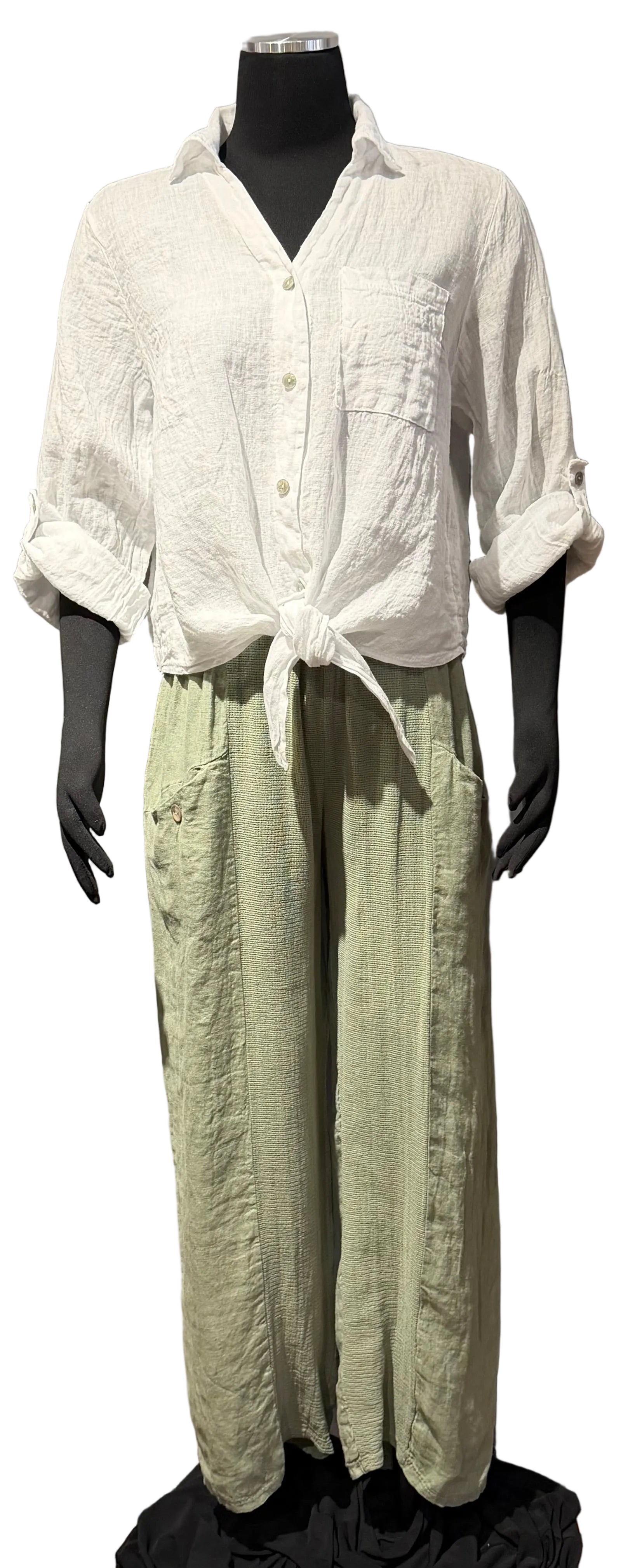 Look Mode USA 12808OV OLIVE Cotton Linen Pull-On Pants With Pockets
