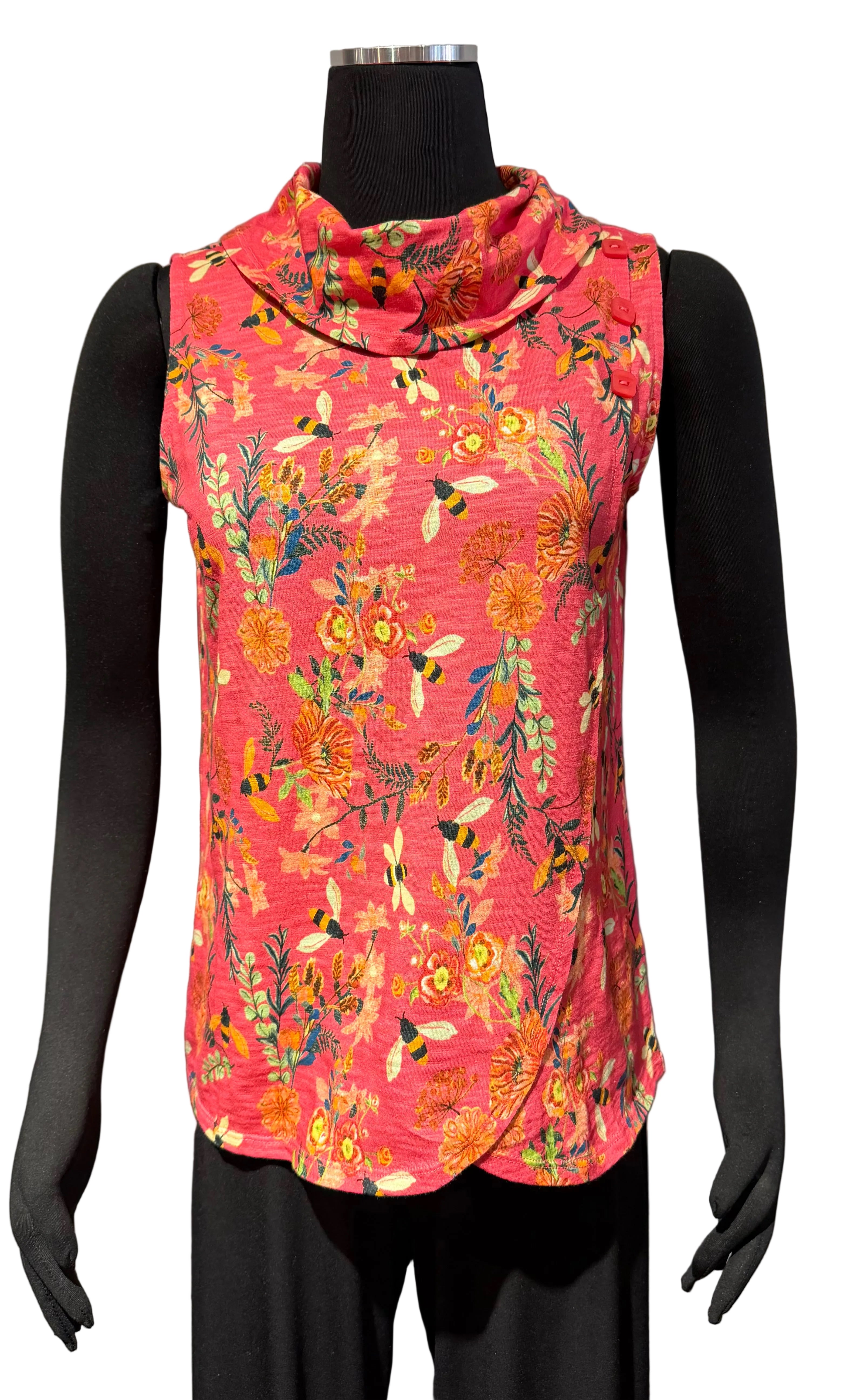 Shana 26456B Bees and Flowers Cotton Slub Knit Cowl Neck Tank Top