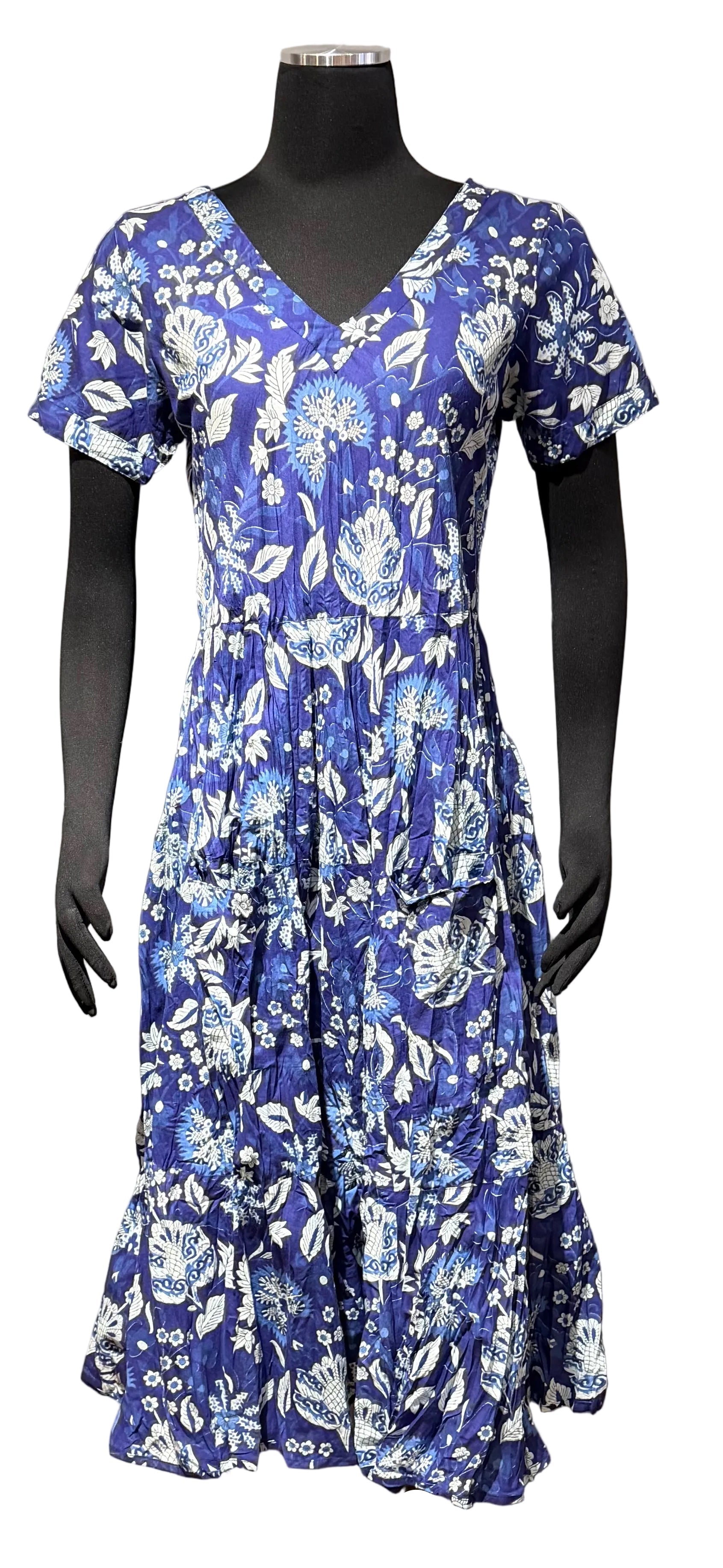Dress Addict JAZY601 Blue and White 100% Organic Cotton V-Neck Dress