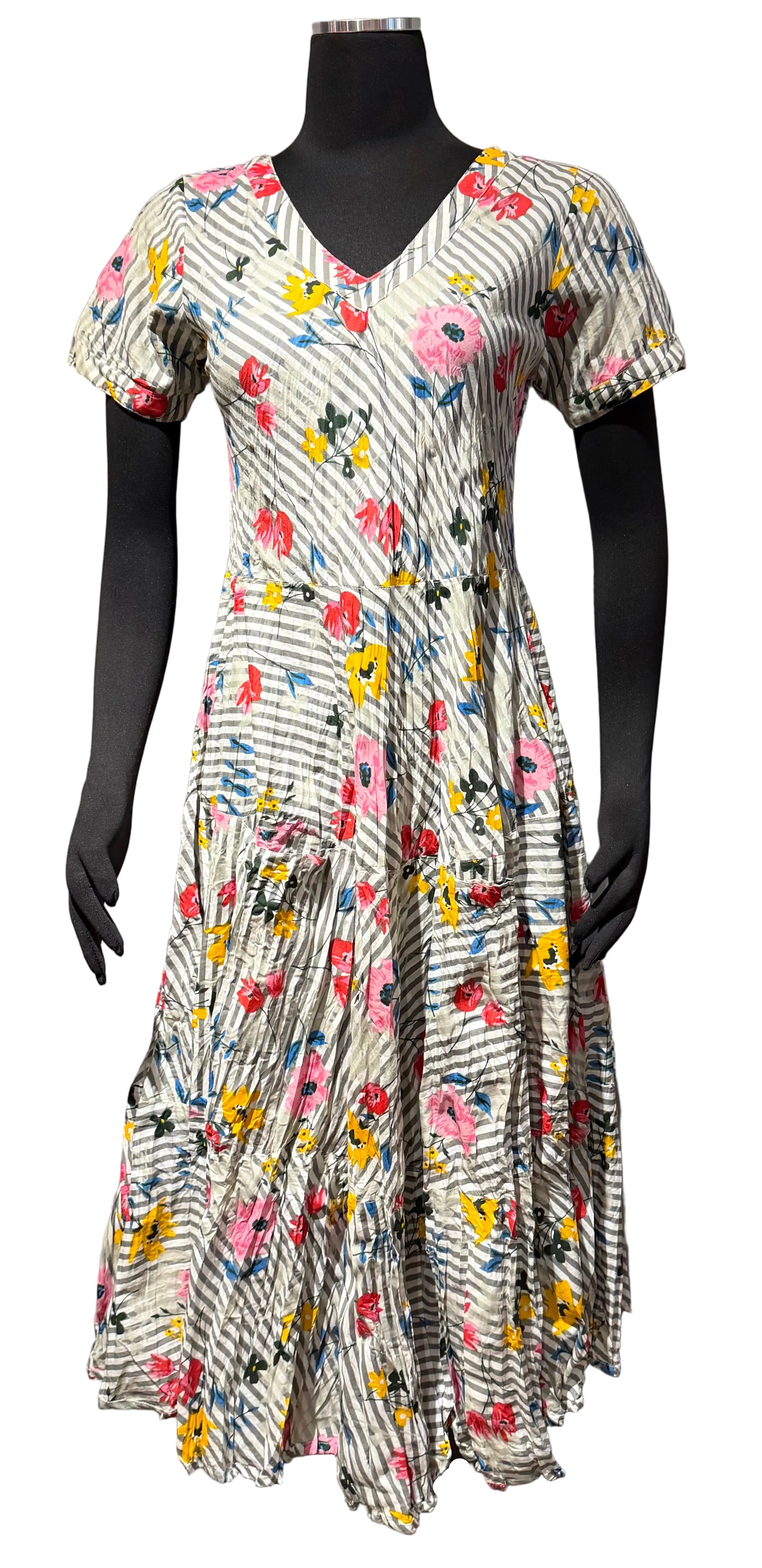 Dress Addict JAZY612 White Floral and Stripe 100% Organic Cotton V-Neck Dress