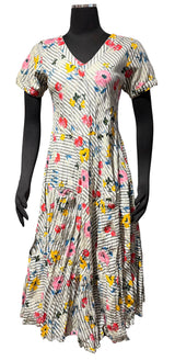 Dress Addict JAZY612 White Floral and Stripe 100% Organic Cotton V-Neck Dress