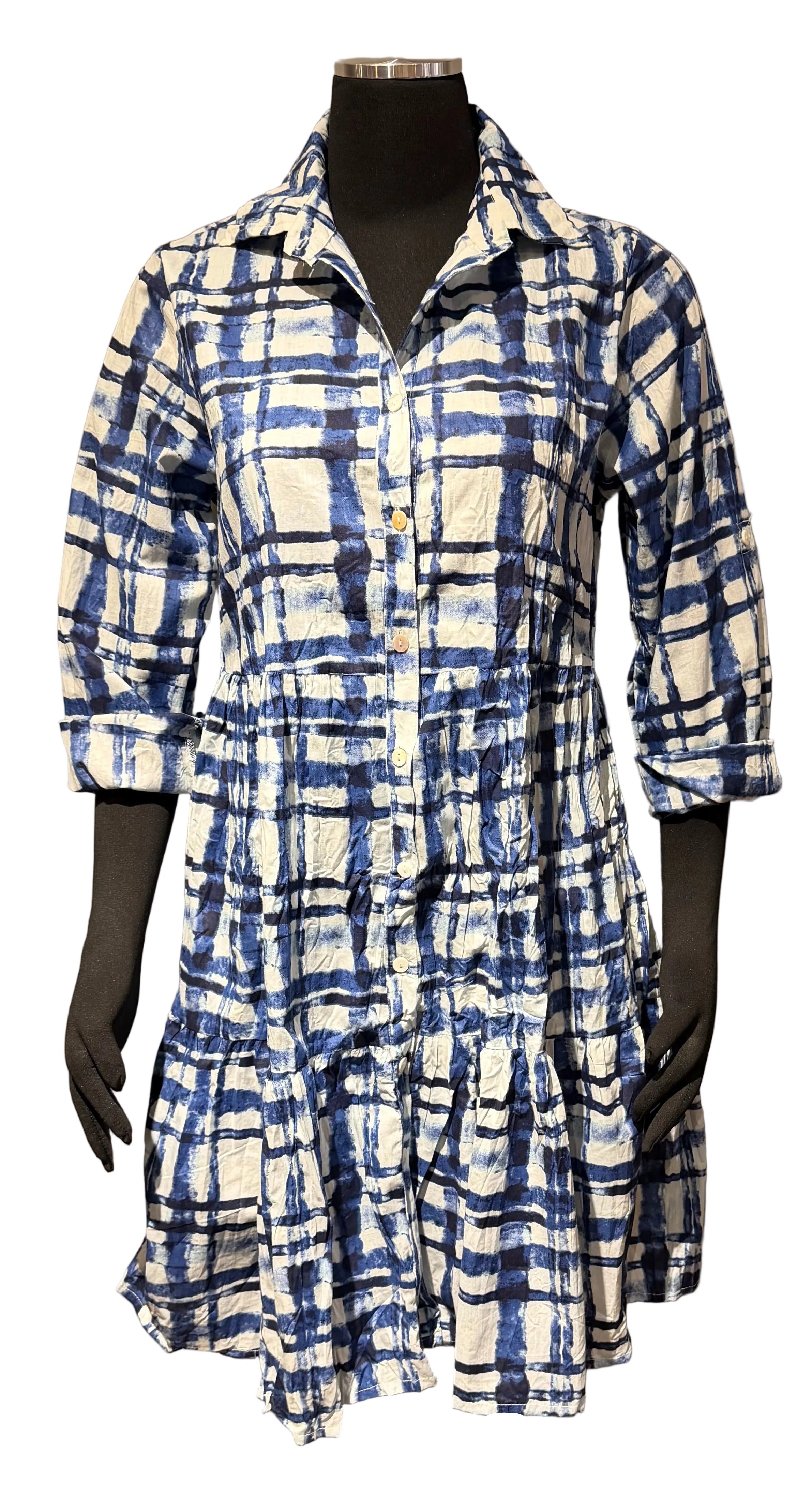 Dress Addict JUNE609 Blue and White Plaid/Stripe 100% Organic Cotton Short Shirt Dress