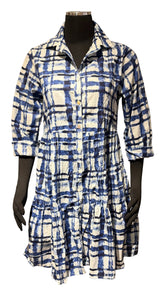 Dress Addict JUNE609 Blue and White Plaid/Stripe 100% Organic Cotton Short Shirt Dress