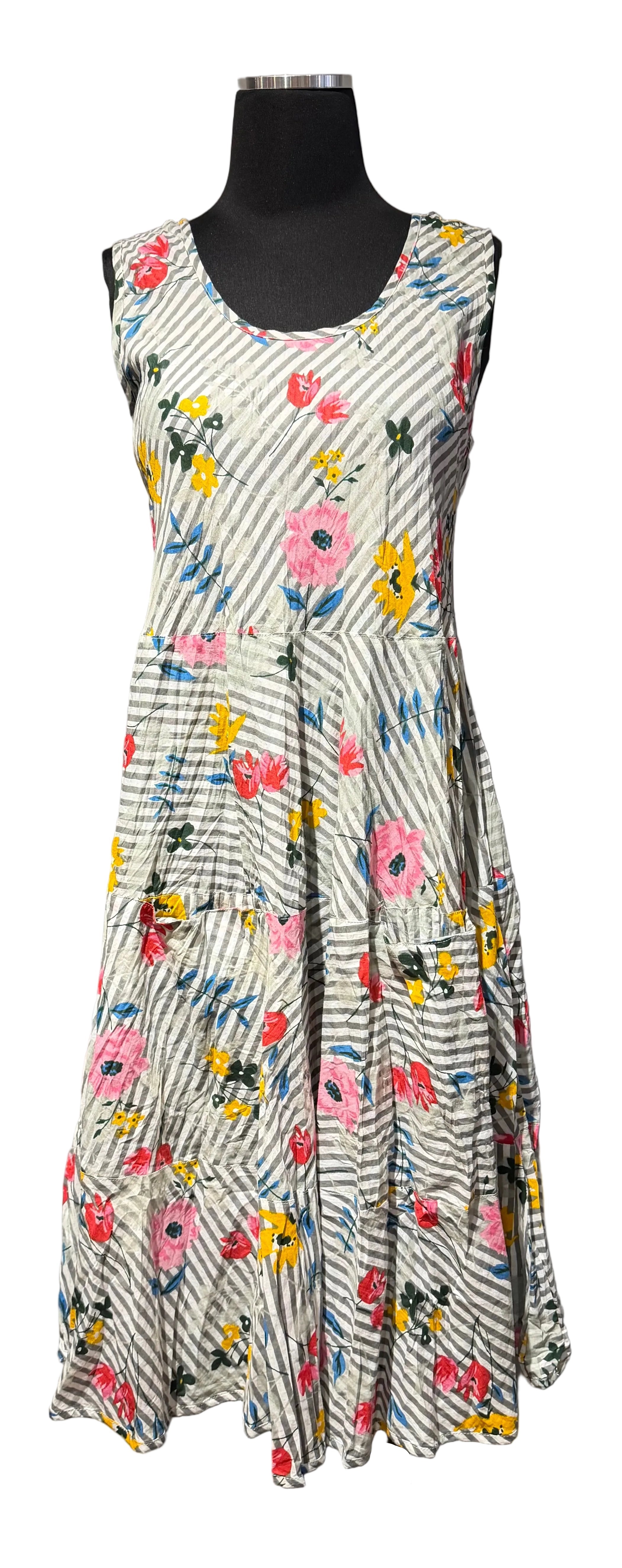 Dress Addict JOY612 Multicolor Floral and Stripe 100% Organic Cotton Tank Dress