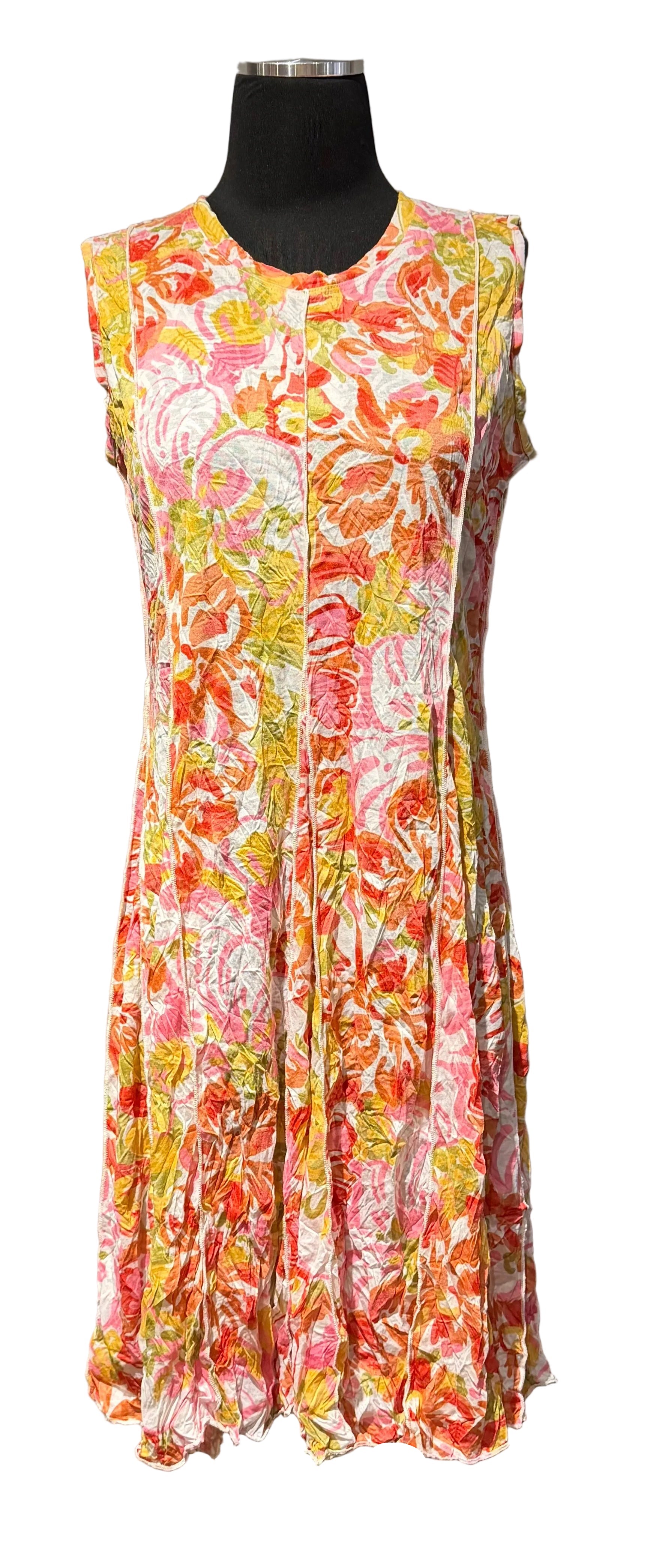 Shana 26011FL Floral Crinkle Tank Dress With Vertical Seams & Flared Hemline