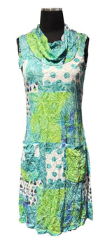 Shana 26013GN Green Draped Cowl Neck Sleeveless Crinkle Pocket Dress