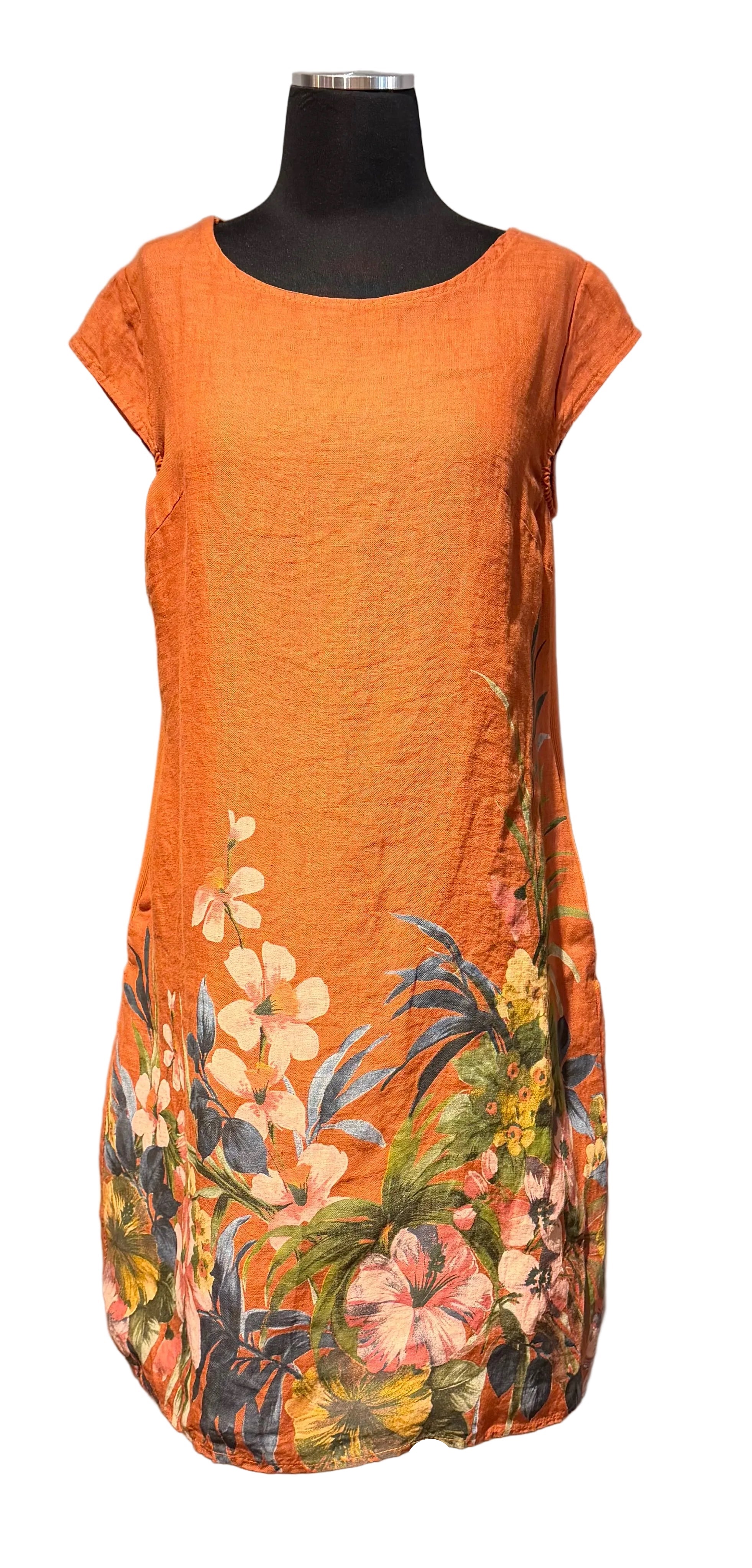Saga 7617TE TERRA One Size Linen Cap Sleeve Floral Hem Dress