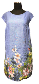 Saga 7617PE PERIWINKLE One Size Linen Cap Sleeve Floral Hem Dress