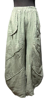 Saga 30220OV OLIVE 100% Linen One Size Genie Raw Edge Stitch Pants