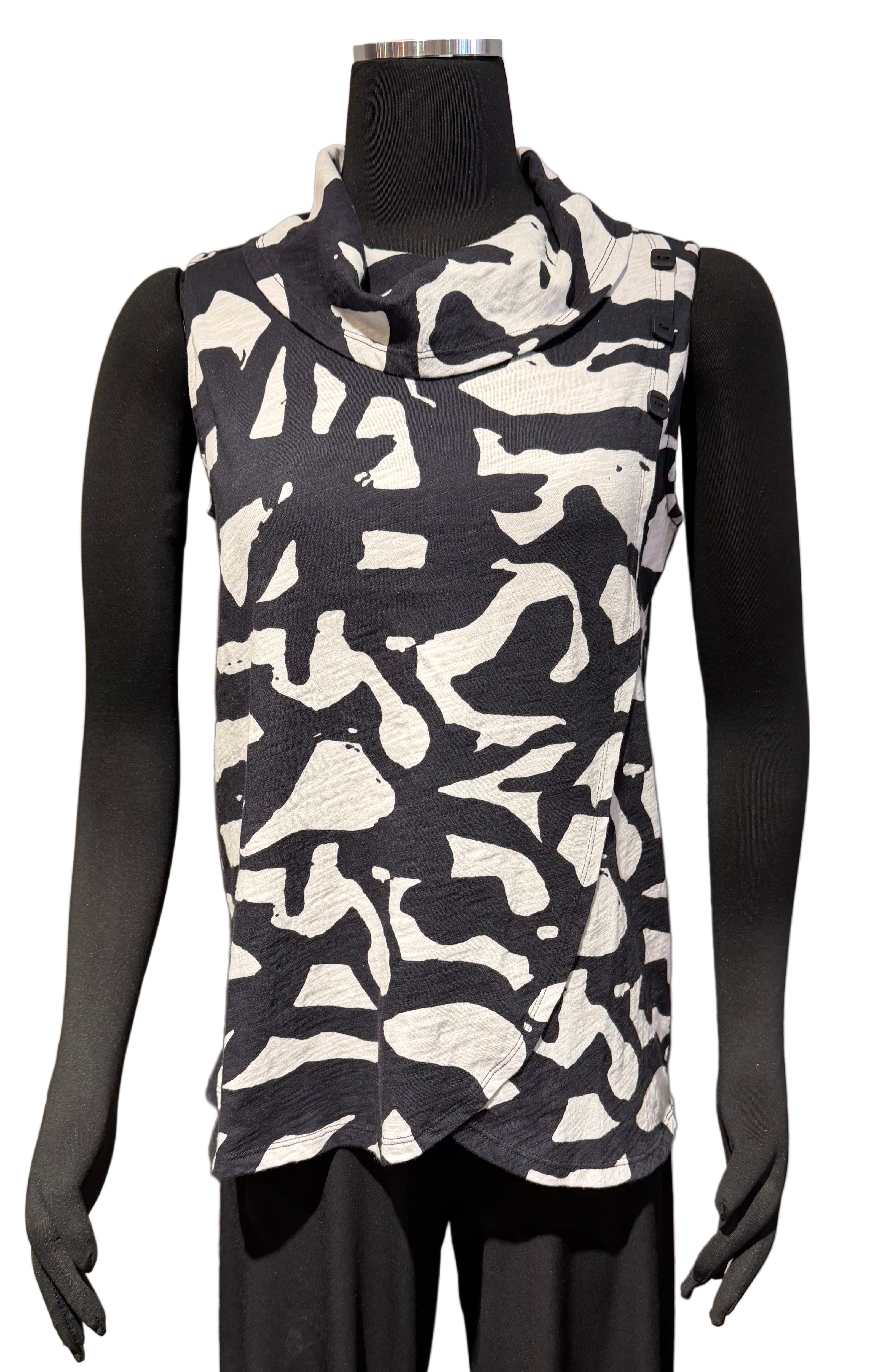 Shana 26456BW Black and White 100% Cotton Slub Knit Tank Top With Button Detail