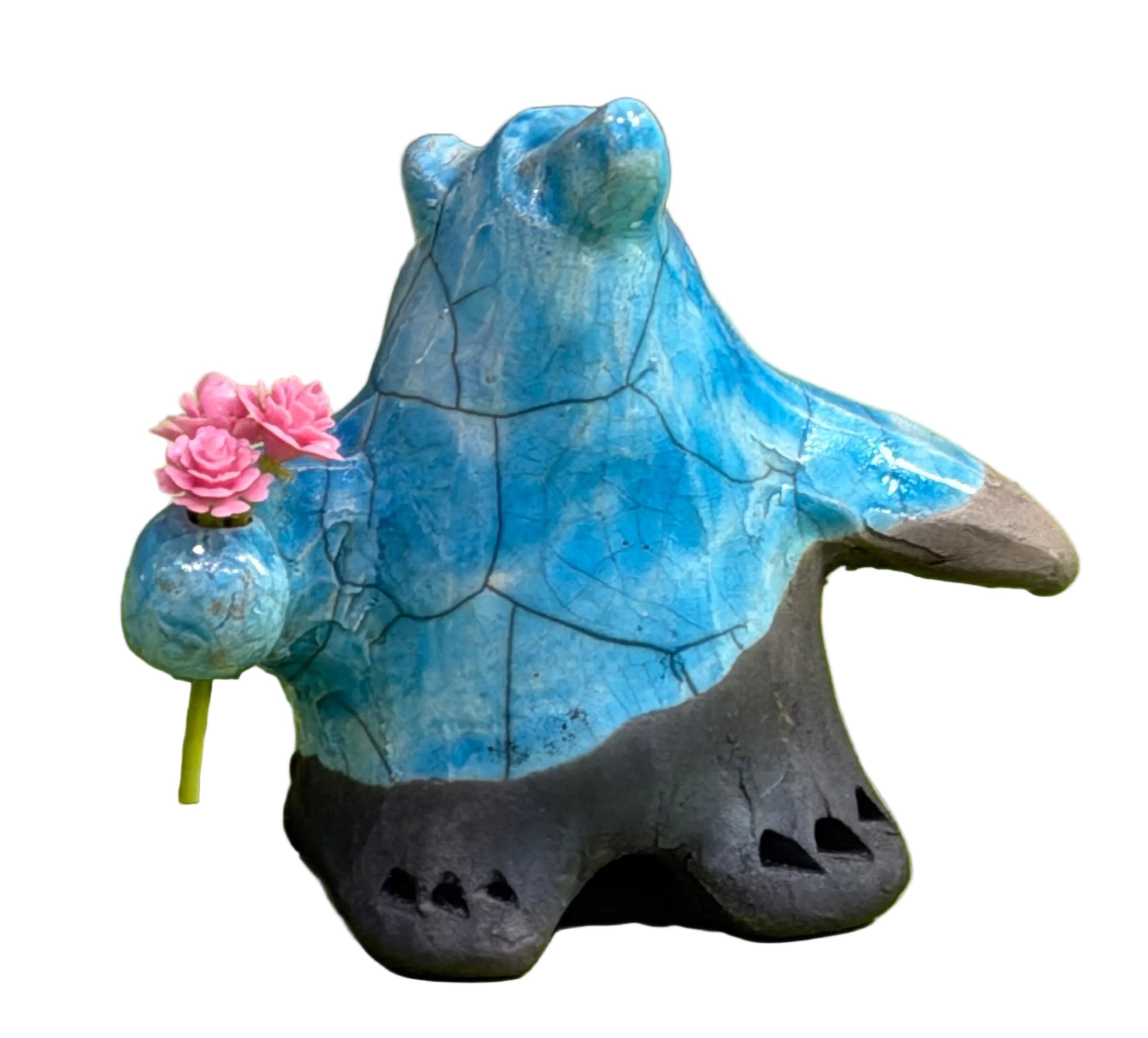 Alan Potter TQBEAR3 TURQUOISE BEAR With Flowers Ceramic Raku Sculpture