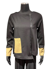 Terra T2-5728BK Black Pullover Top With Contrasting Front Pocket & Cuffs