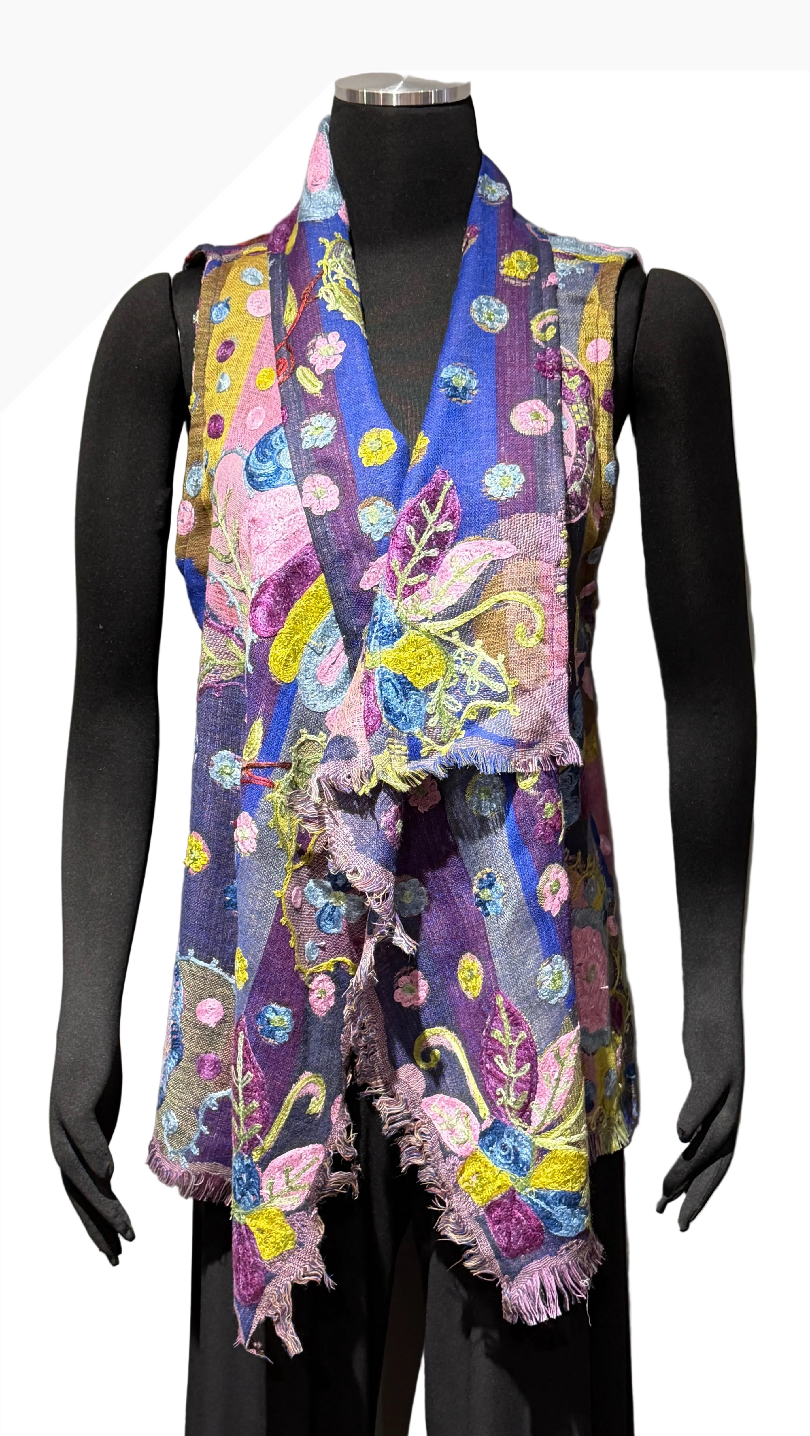 Anu 16077SG SANGRIA Shawl Collar Fringe Hem Floral Embroidered Vest