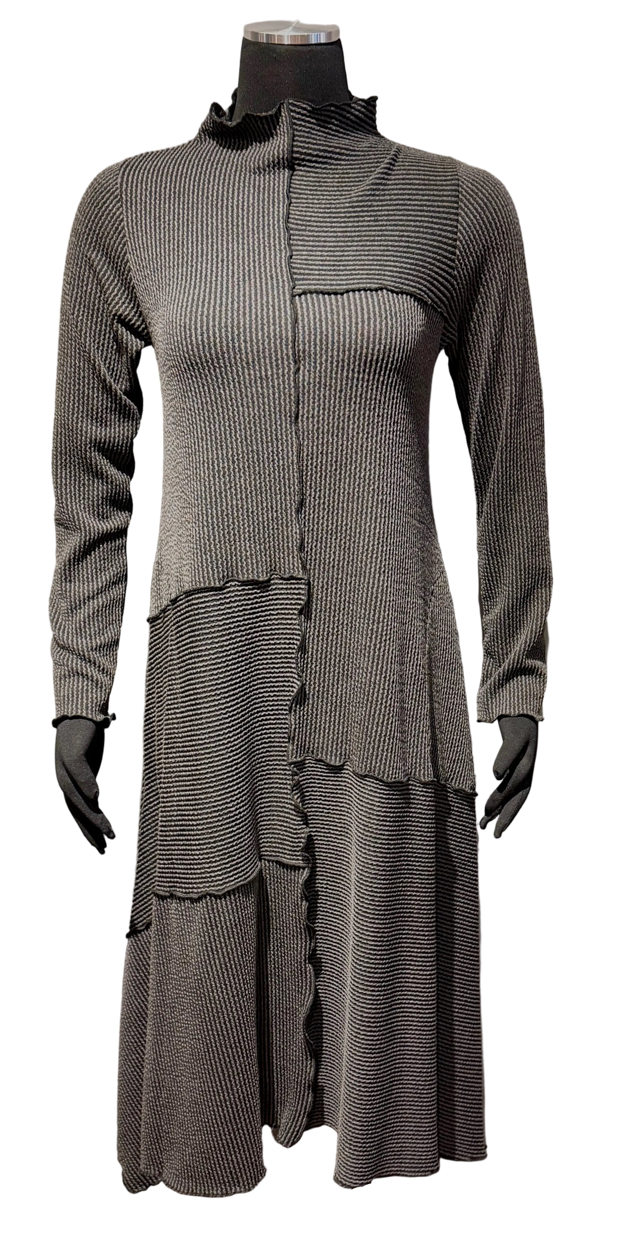 Vine Street 559CH CHARCOAL Ribbed & Pieced Lettuce Edge Long Sleeve Mock Turtleneck Dress