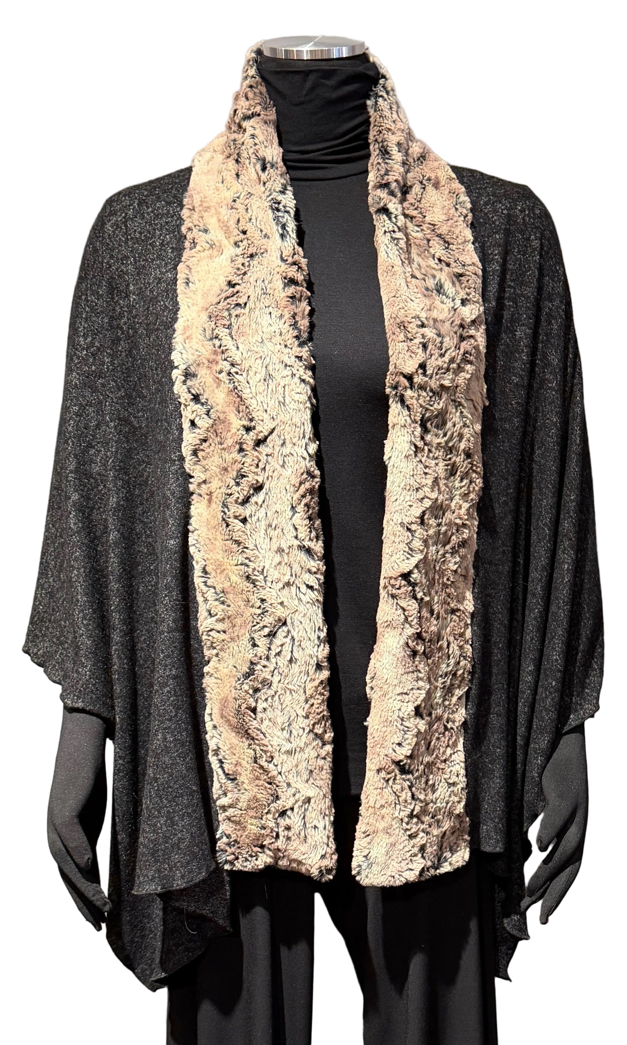 Vine Street 368BK BLACK One Size Sweater Poncho With Cocoa Faux Fur Shawl Collar