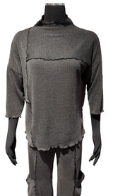 Vine Street 759CH CHARCOAL Ribbed & Pieced Lettuce Edge Long Sleeve Mock Turtleneck Tee
