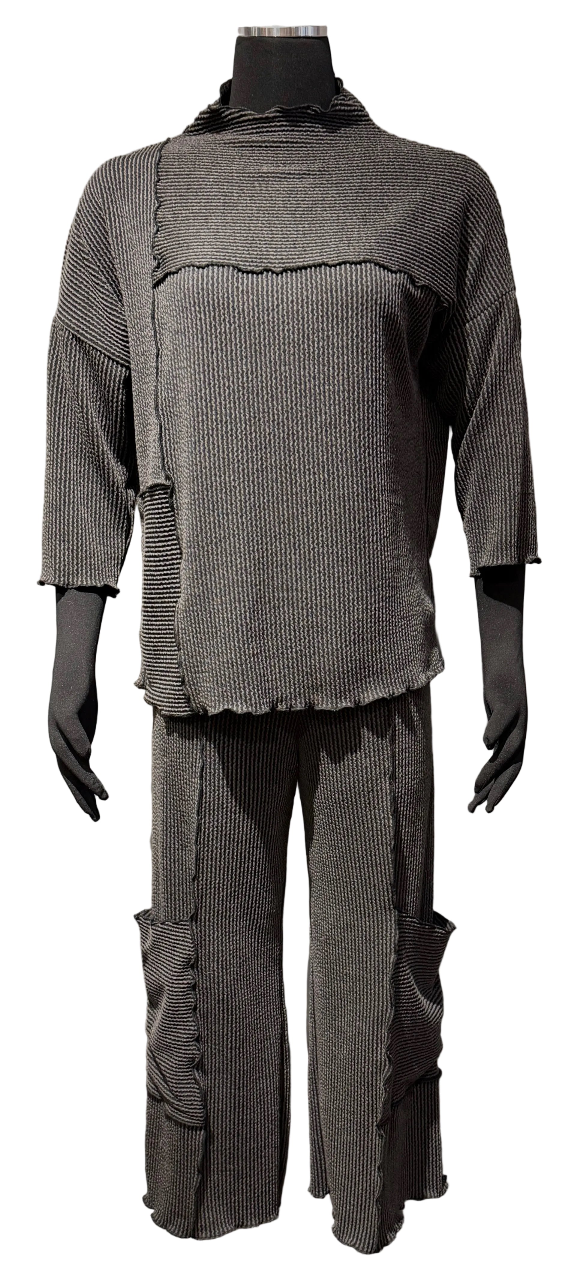 Vine Street 229CH CHARCOAL Ribbed & Pieced Lettuce Edge Pull-On Pants