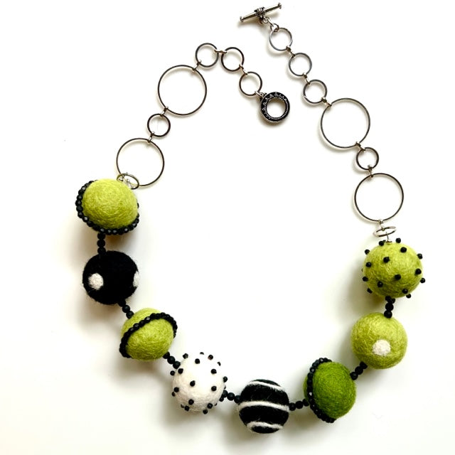 Two Son Jewelry FBSLBW LIME BLACK WHITE Felt Ball Necklace Stainless Steel Ring Chain