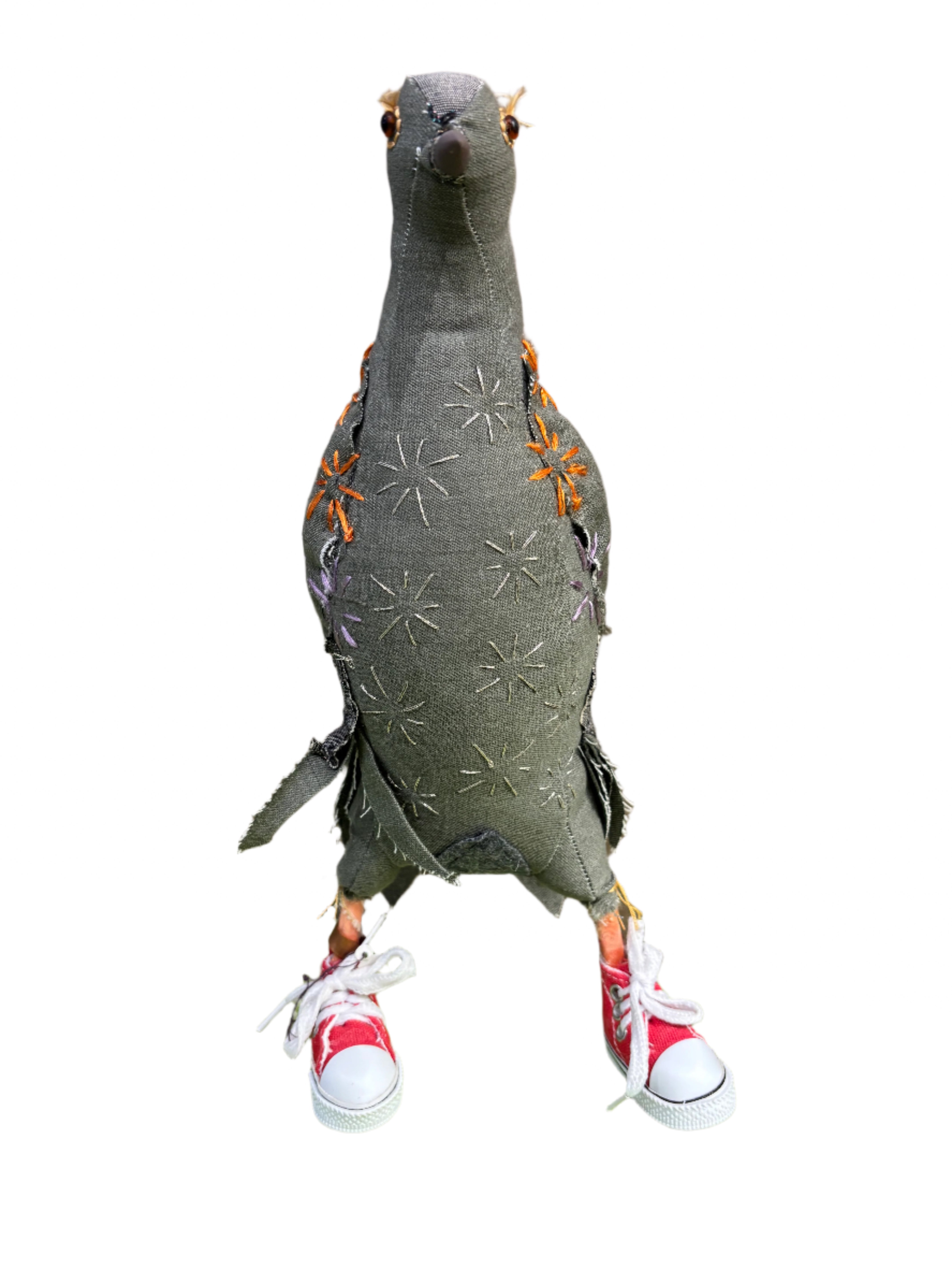 Leonor Pisano GDRS Grey Dove With Red Sneakers Handmade Fabric Sculpture
