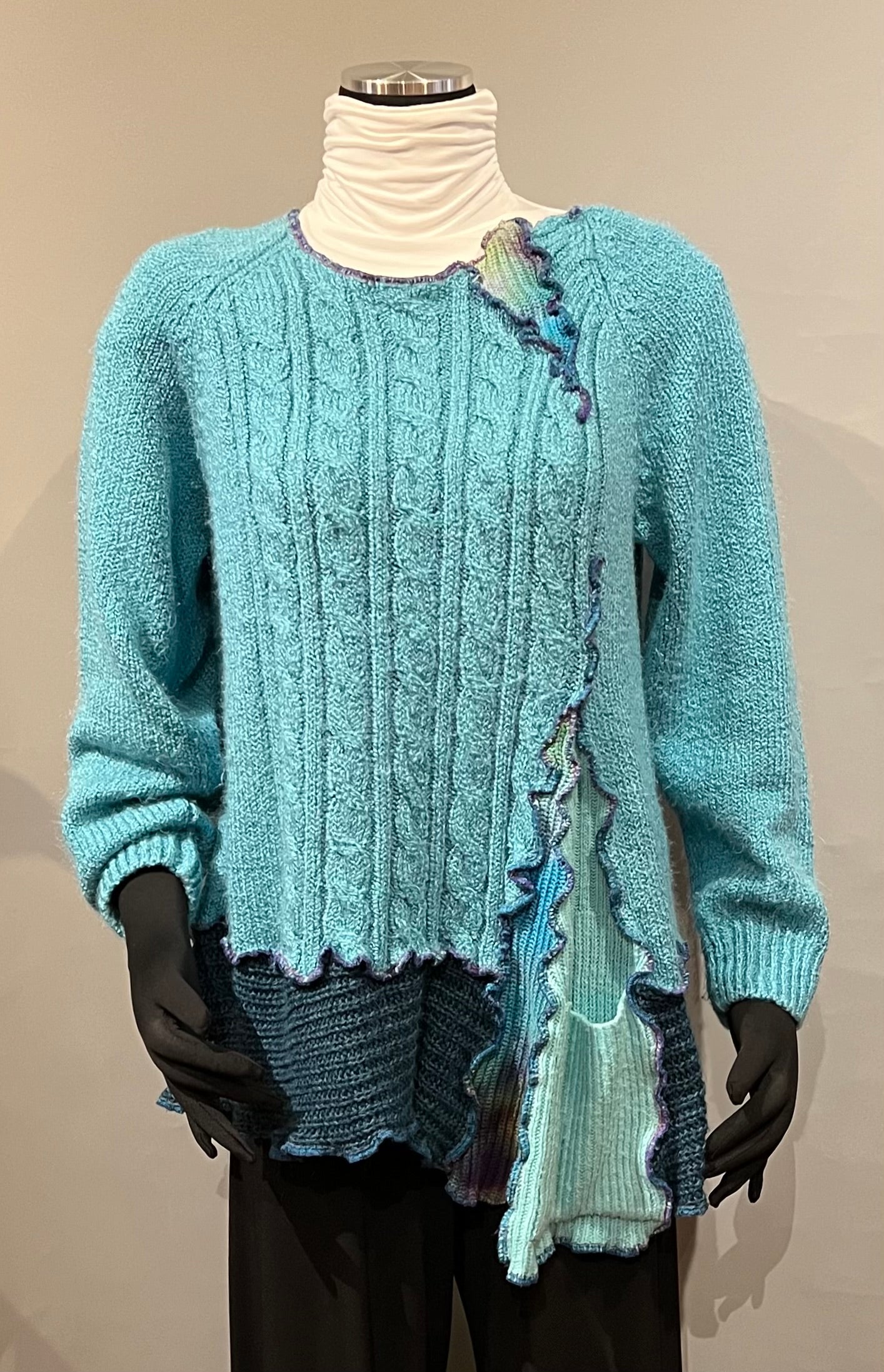 Rags 2 Riches (Size: L/XL) Turquoise Upcycled Long-Sleeve Pullover Sweater