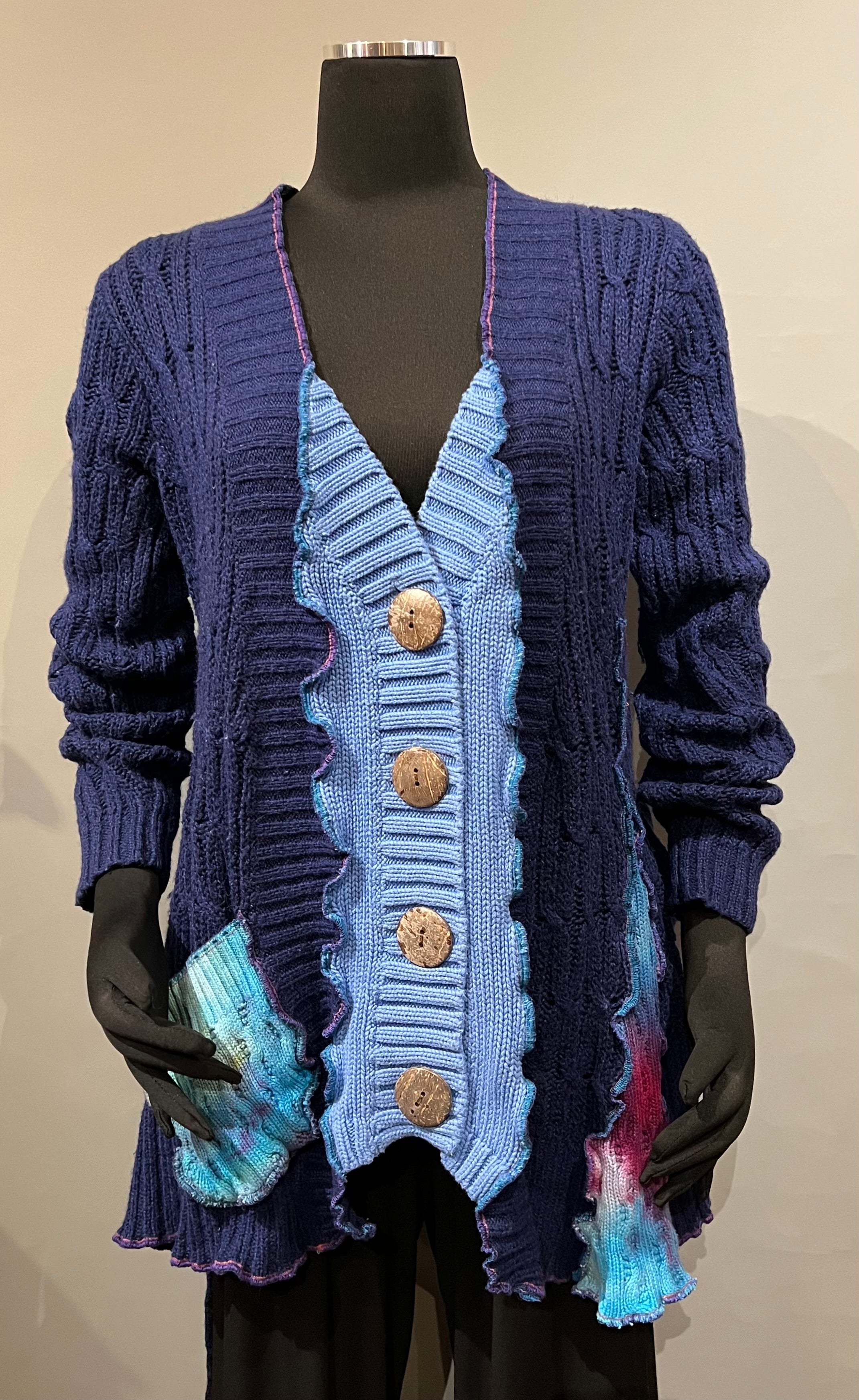 Rags 2 Riches (Size: L/XL) Upcycled Belted Button-Up Cable-Knit Sweater Jacket