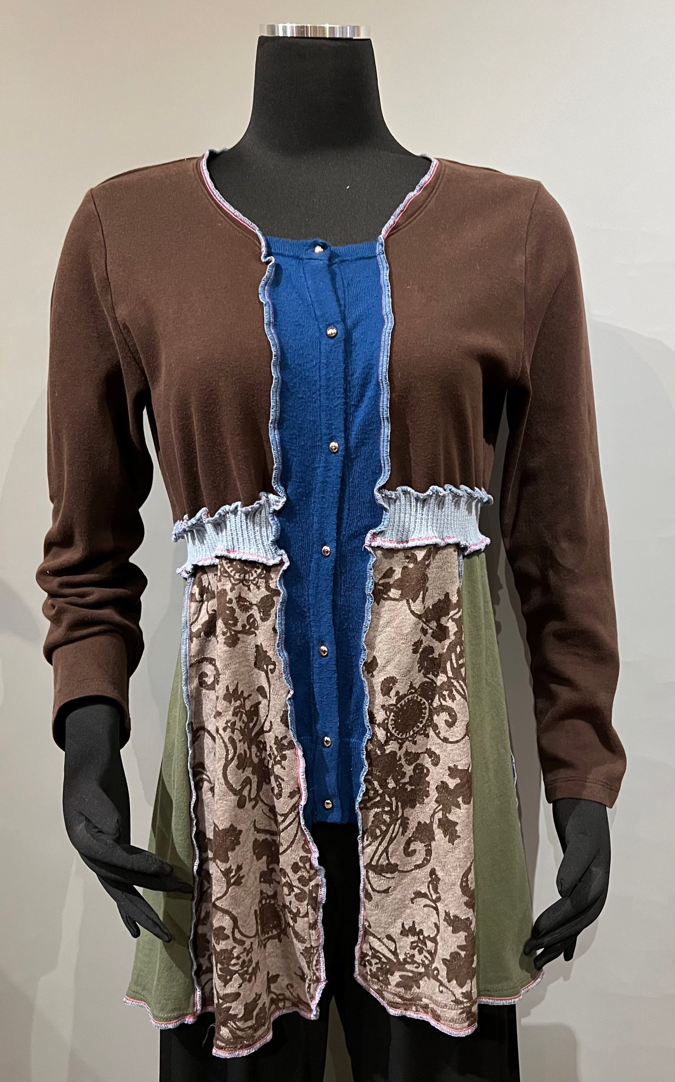 Rags 2 Riches (Size S/M) Brown Upcycled Button Up Knit Long-Sleeve Tunic Length Sweater