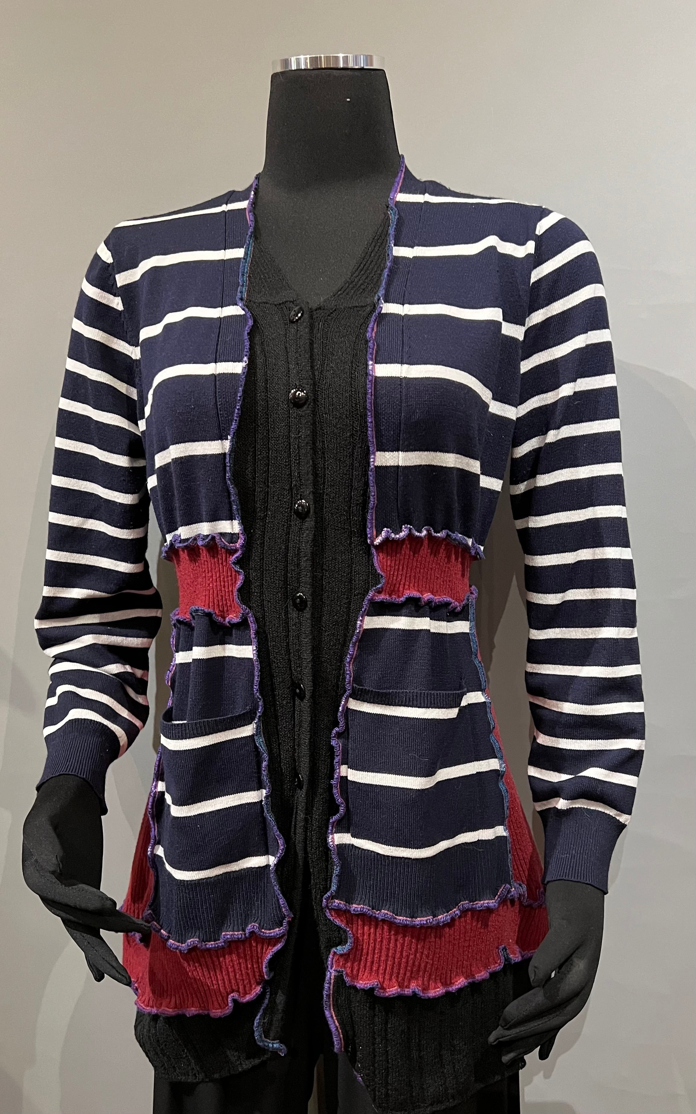 Rags 2 Riches (Size: S) Upcycled Black and White Stripe Long Sleeve Button Up Tunic Length Sweater