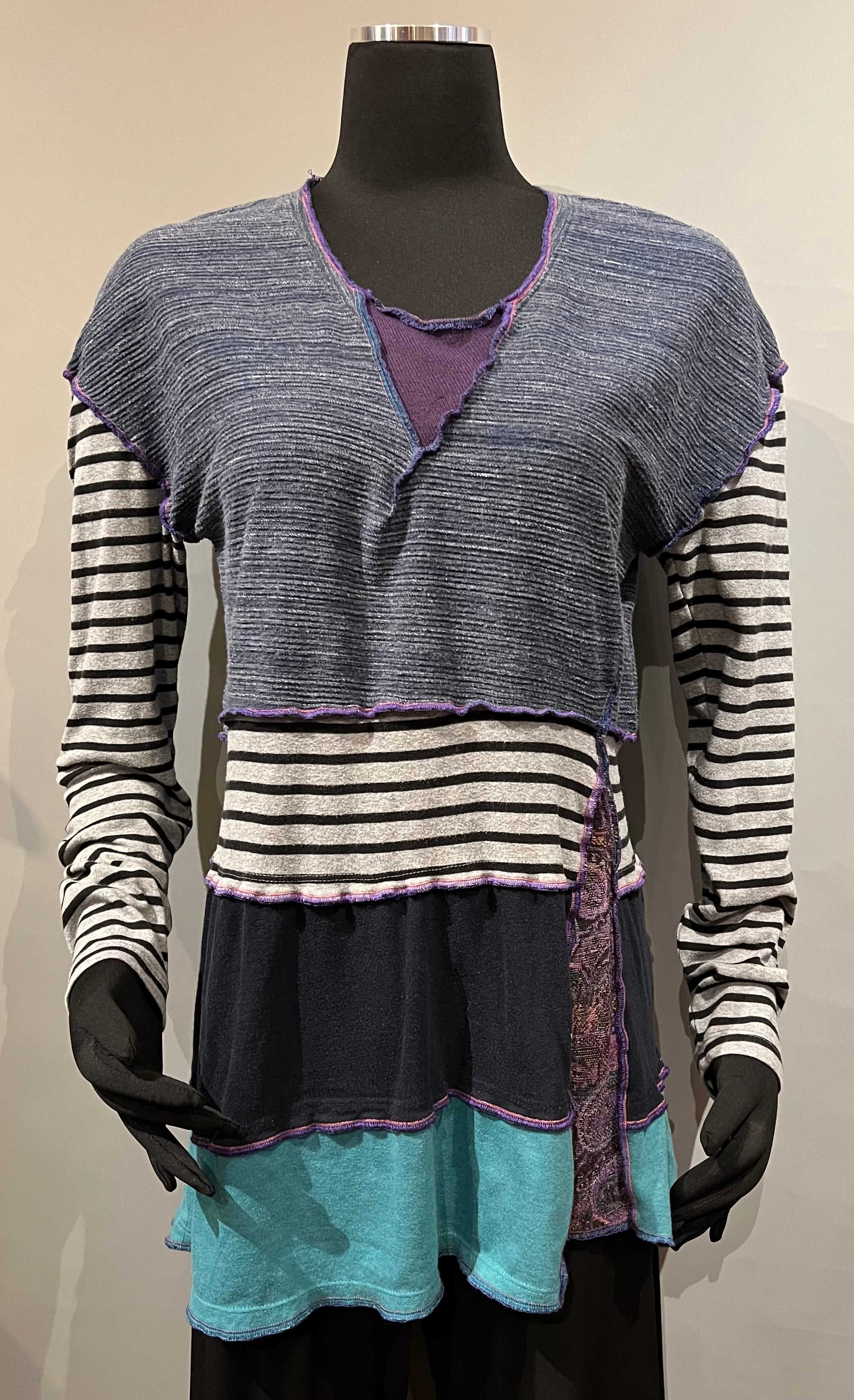 Rags 2 Riches (Size: M) Grey Teal Purple Black/White Striped Upcycled Knit Long Sleeve Layered Pullover Tunic Sweater