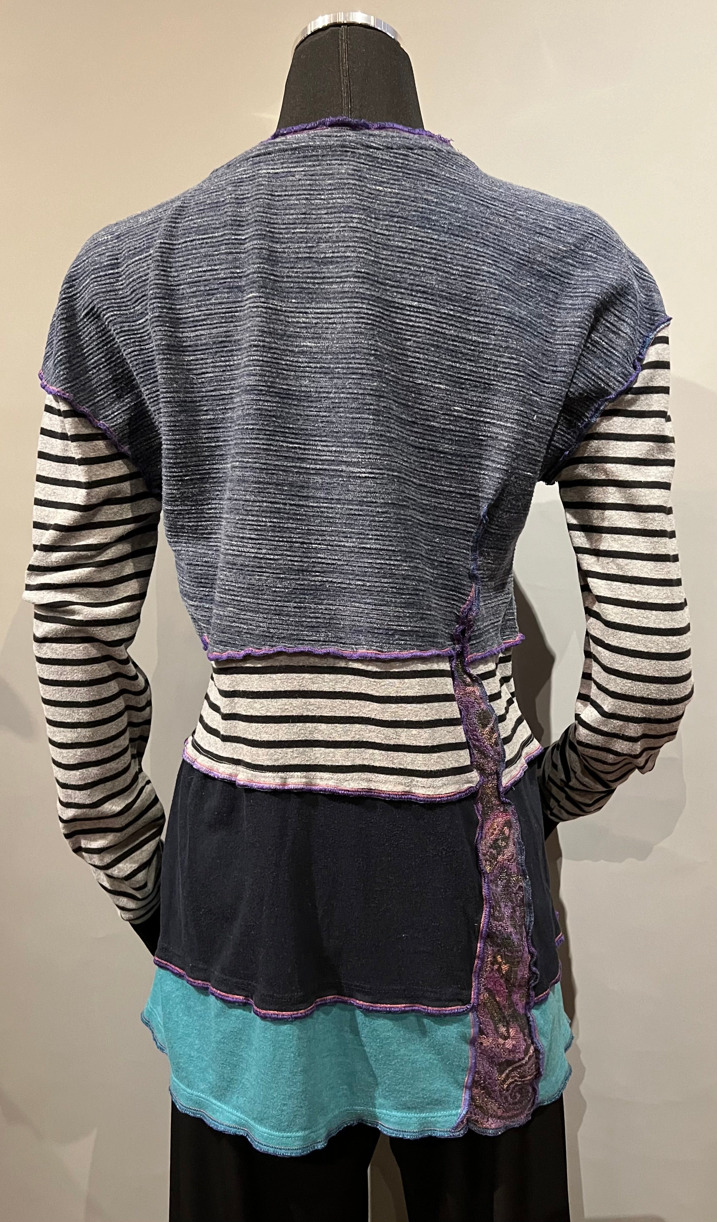 Rags 2 Riches (Size: M) Grey Teal Purple Black/White Striped Upcycled Knit Long Sleeve Layered Pullover Tunic Sweater