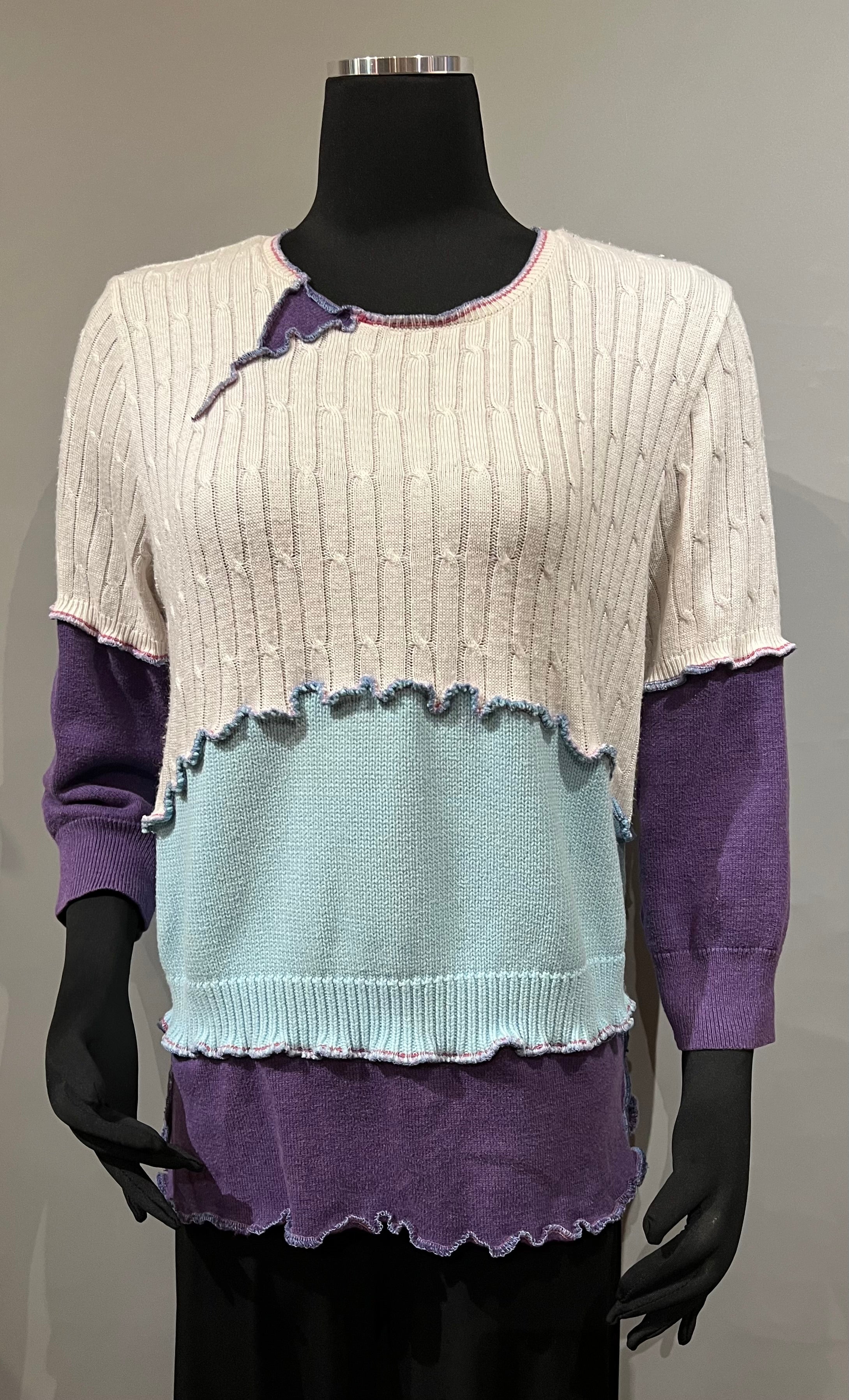 Rags 2 Riches (Size: M/L) Teal White Purple Upcycled Knit Long-Sleeve Crop Sweater