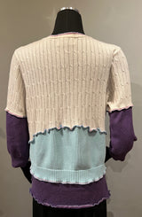 Rags 2 Riches (Size: M/L) Teal White Purple Upcycled Knit Long-Sleeve Crop Sweater
