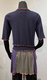 Rags 2 Riches (Size:S) Blue Purple White Upcycled Knit Short Sleeve Button Up Tunic Length Sweater