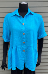Plum Loco YH2180T TURQUOISE Bell Bottom One-Size Linen Shirt Jacket