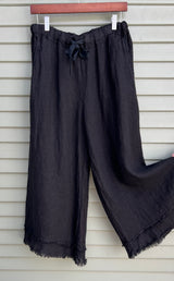 Plum Loco MC1699B BLACK Linen Fringe Hem One-Size Pant