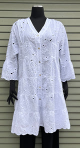 Tempo Paris 9975CCW White 100% Cotton 3/4 Sleeve V-Neck Eyelet Tiered Button Front Dress